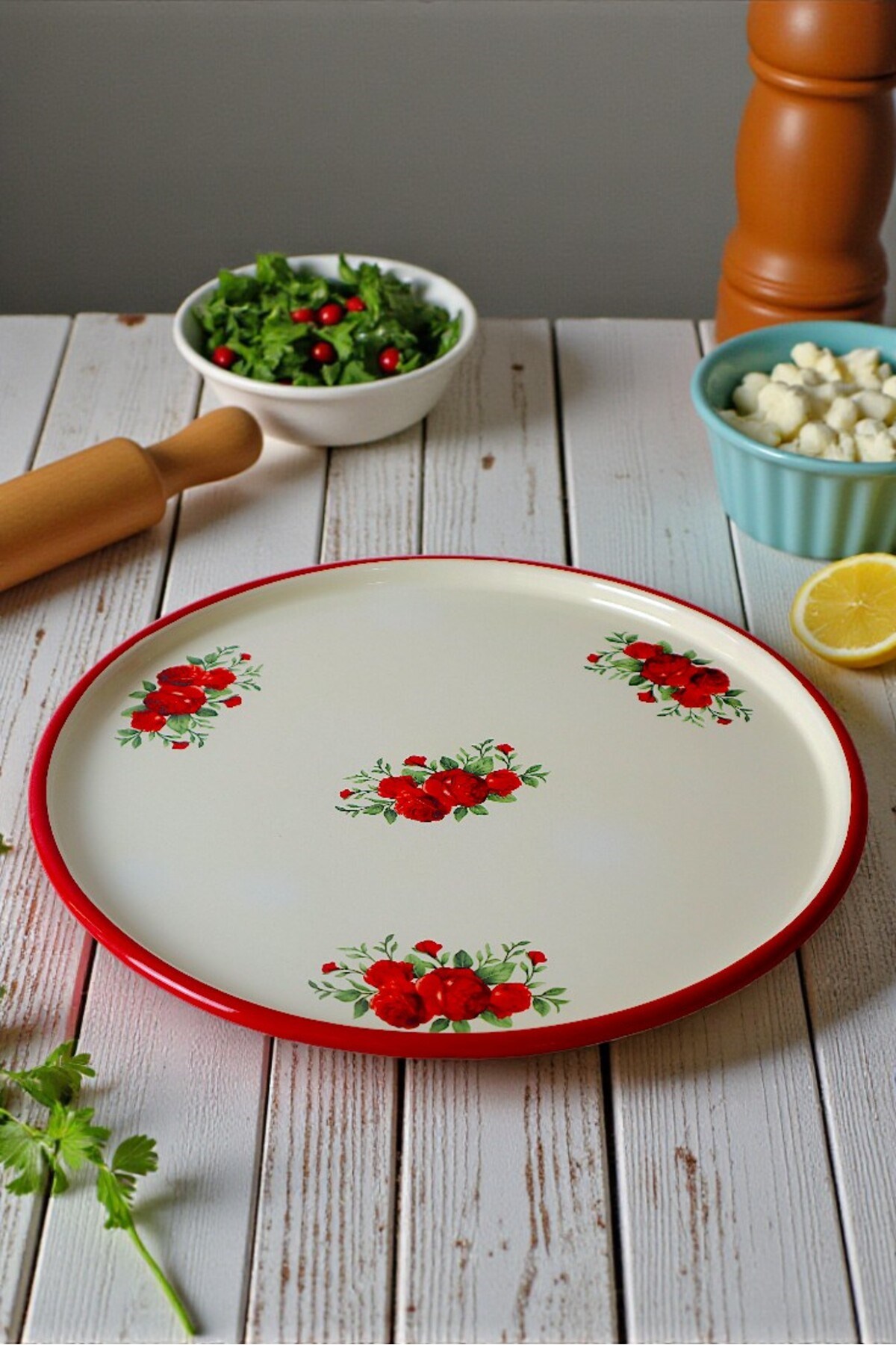 36 No Gül Desen Emaye Sunum Pizza Yemek Kamp Piknik, Çeyiz, Hediye