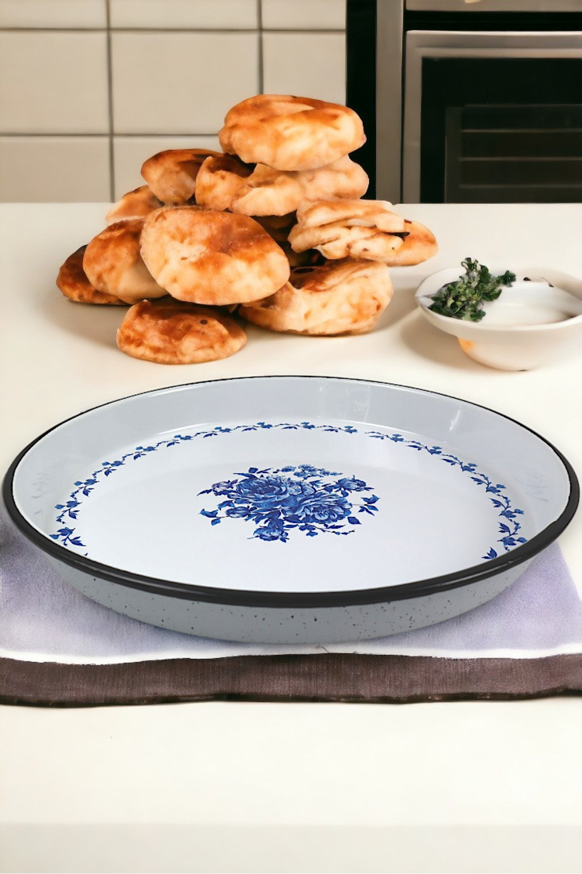 38 No Emaye Fırın Tepsi Yuvarlak Tepsi 38 Cm