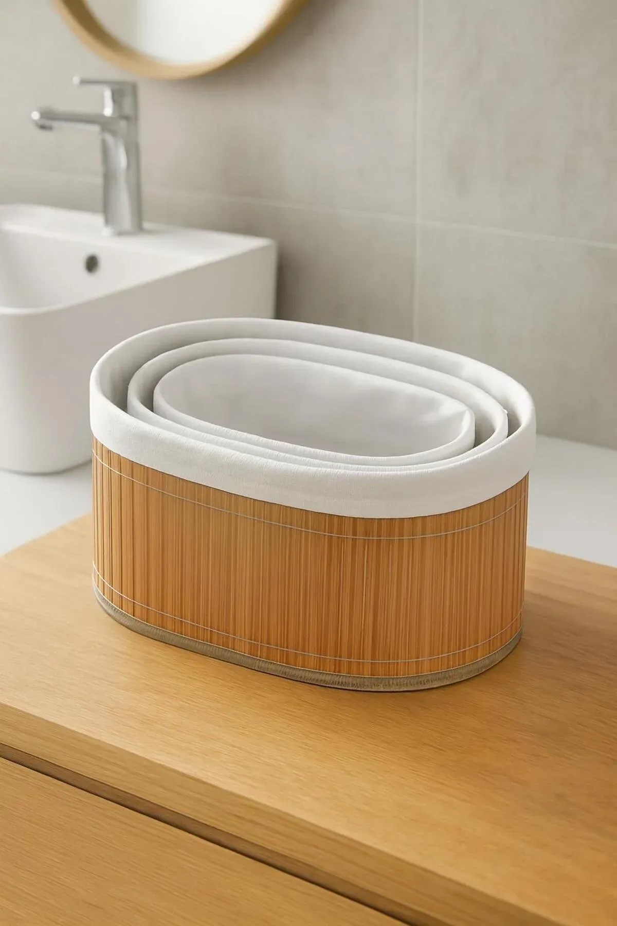 3'lü Bambu Sepet Seti – Katlanabilir Kumaş Astarlı Banyo & Ev Organizeri
