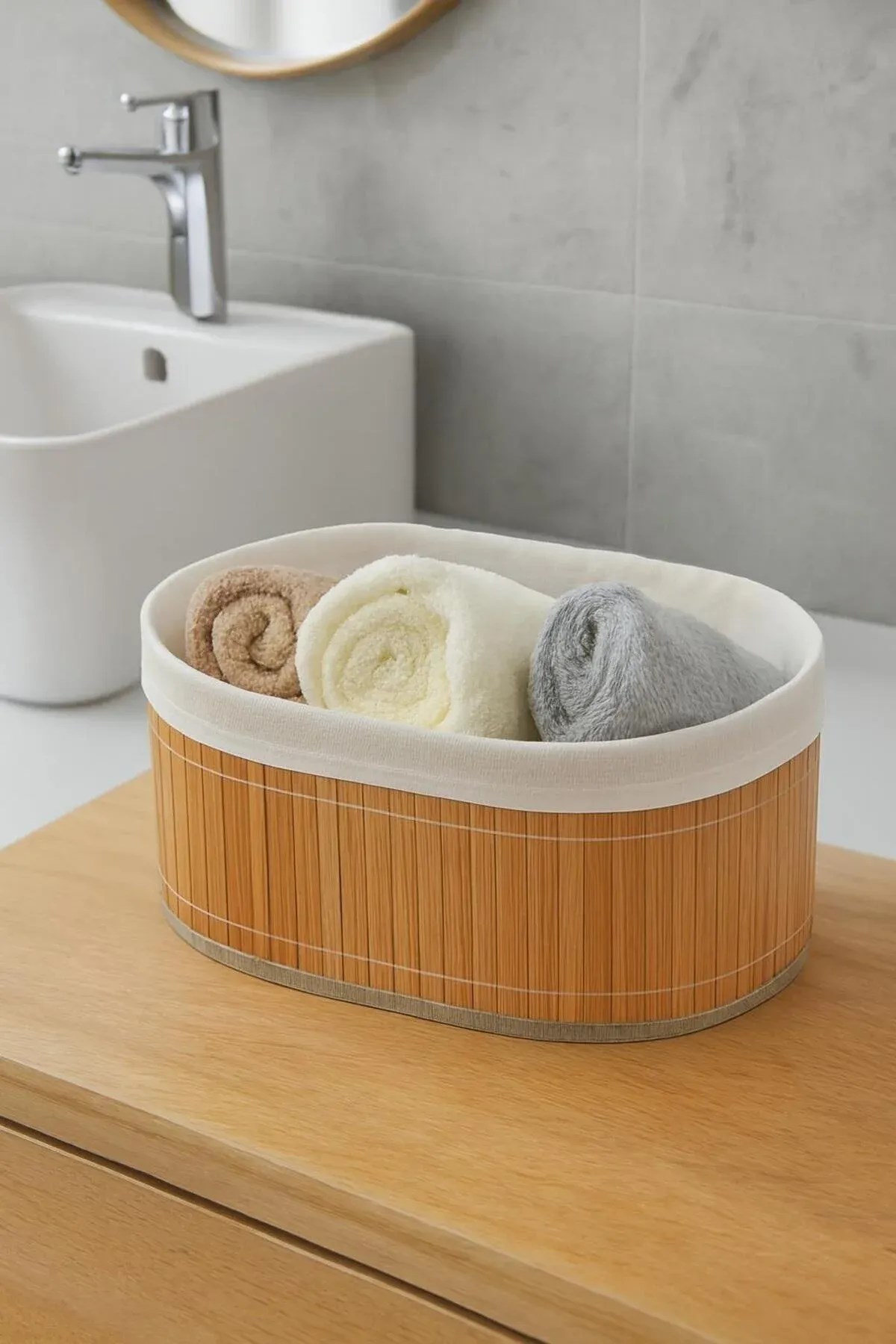 3'lü Bambu Sepet Seti – Katlanabilir Kumaş Astarlı Banyo & Ev Organizeri