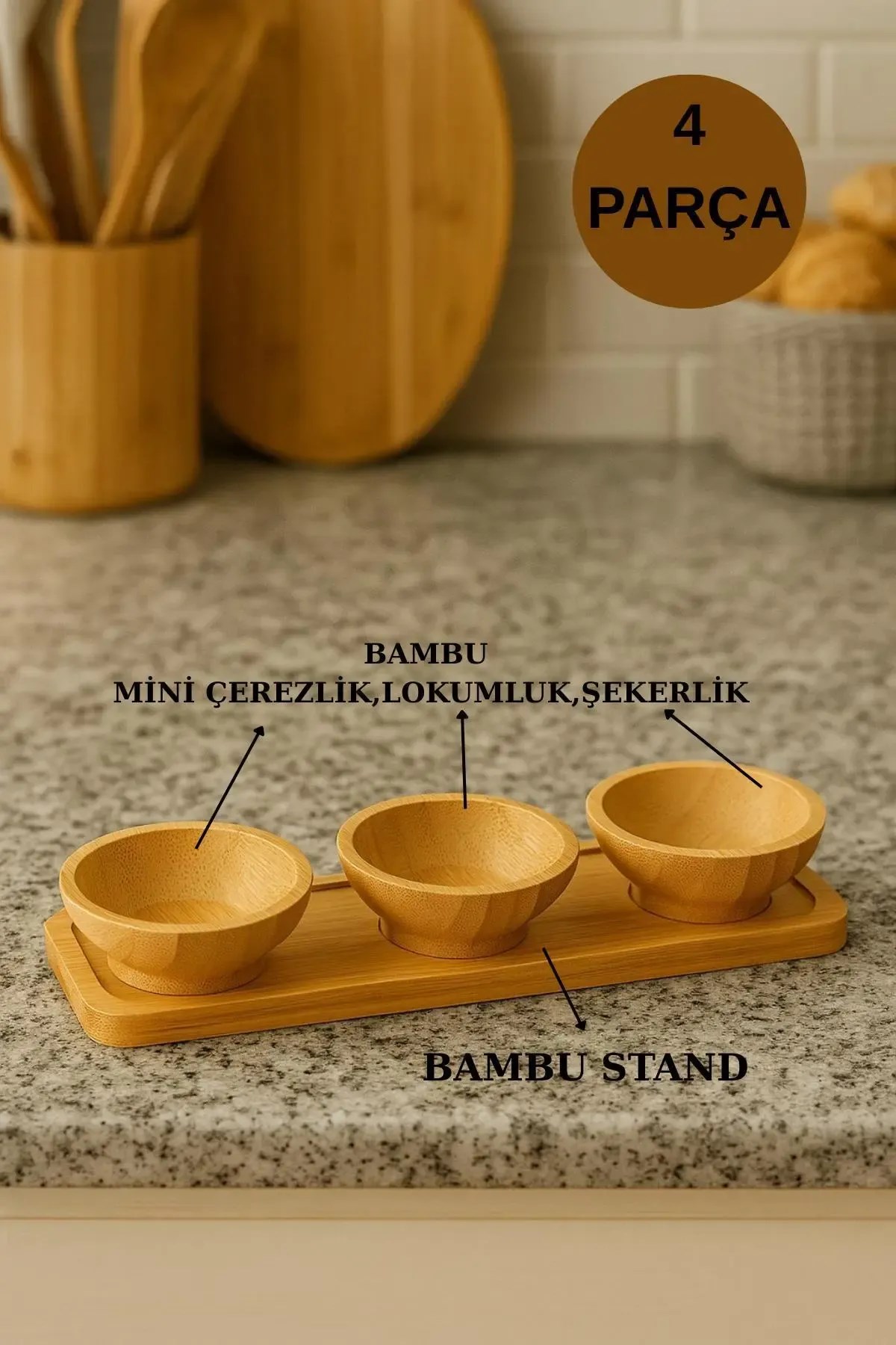 3'lü Bambu Standlı Mini Lüx Çerezlik Lokumluk Seti | 4 Parça