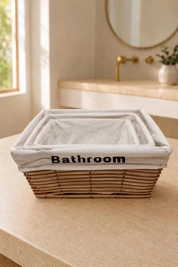 3'lü Bathroom Banyo Düzenleyici Sepet Seti | Kumaş Astarlı Dekoratif Organizer