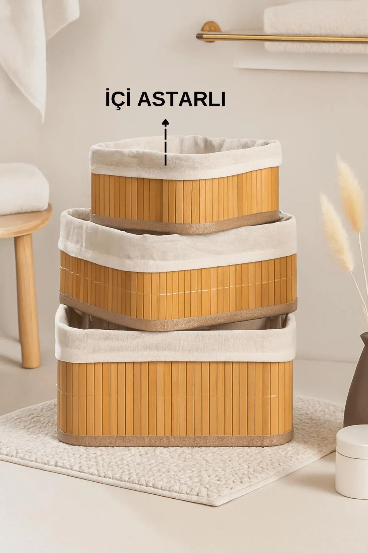 3'lü Kare Bambu Sepet Seti – Pinterest Dekoratif Organizer