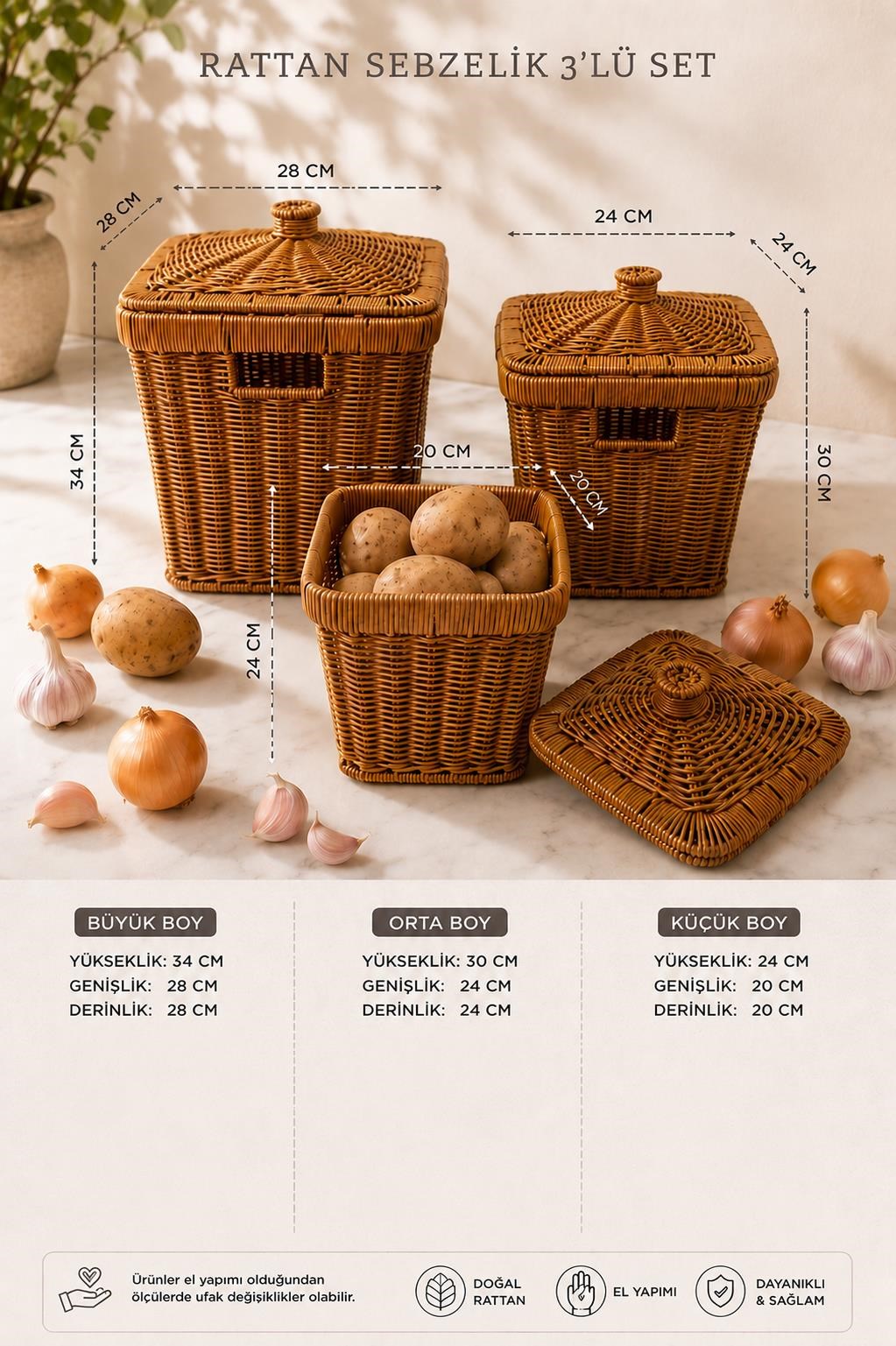 3'lü Kare Patates Soğan Sarımsak Sepeti Seti - Rattan Düzenleyici Kapaklı Sebzelik Soğanlık