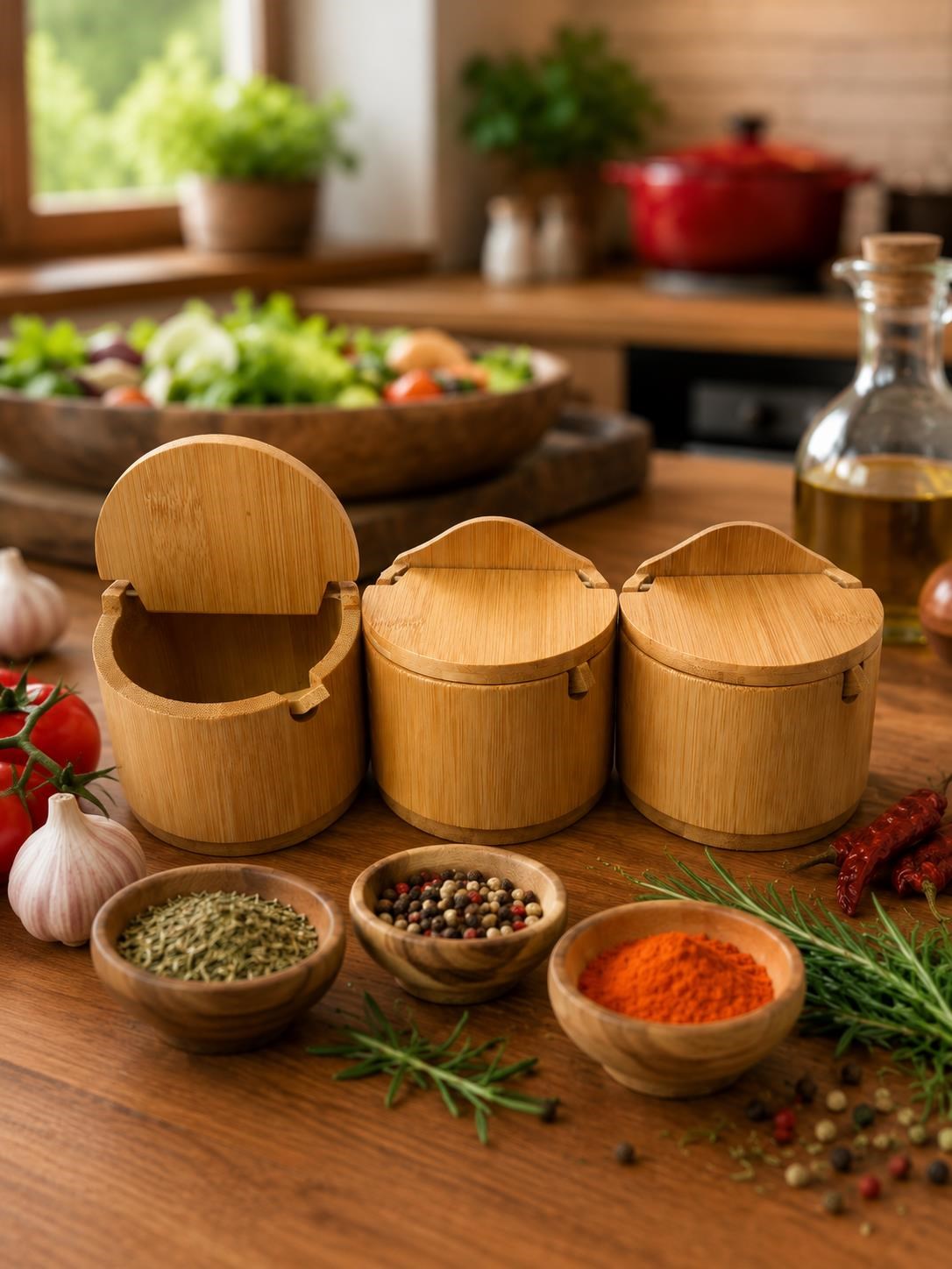 3'lü Kaşıklı Bambu Baharatlık Seti Kapaklı Saklama Kabı Kahve Şeker Tuz Kuruyemiş Organizer Şekerlik