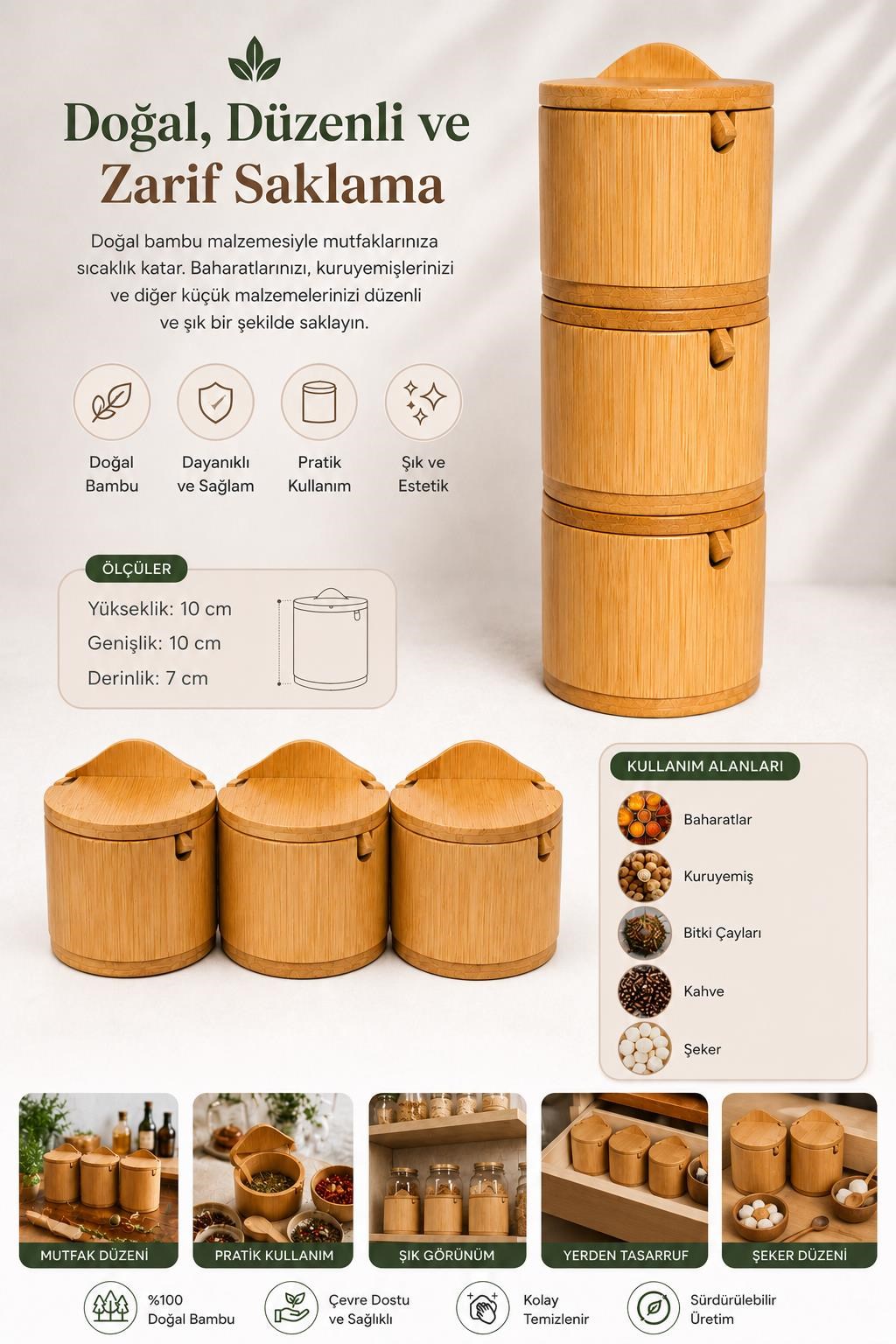 3'lü Kaşıklı Bambu Baharatlık Seti Kapaklı Saklama Kabı Kahve Şeker Tuz Kuruyemiş Organizer Şekerlik
