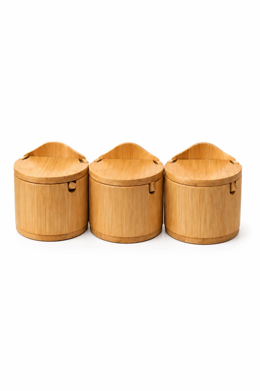 3'lü Kaşıklı Bambu Baharatlık Seti Kapaklı Saklama Kabı Kahve Şeker Tuz Kuruyemiş Organizer Şekerlik