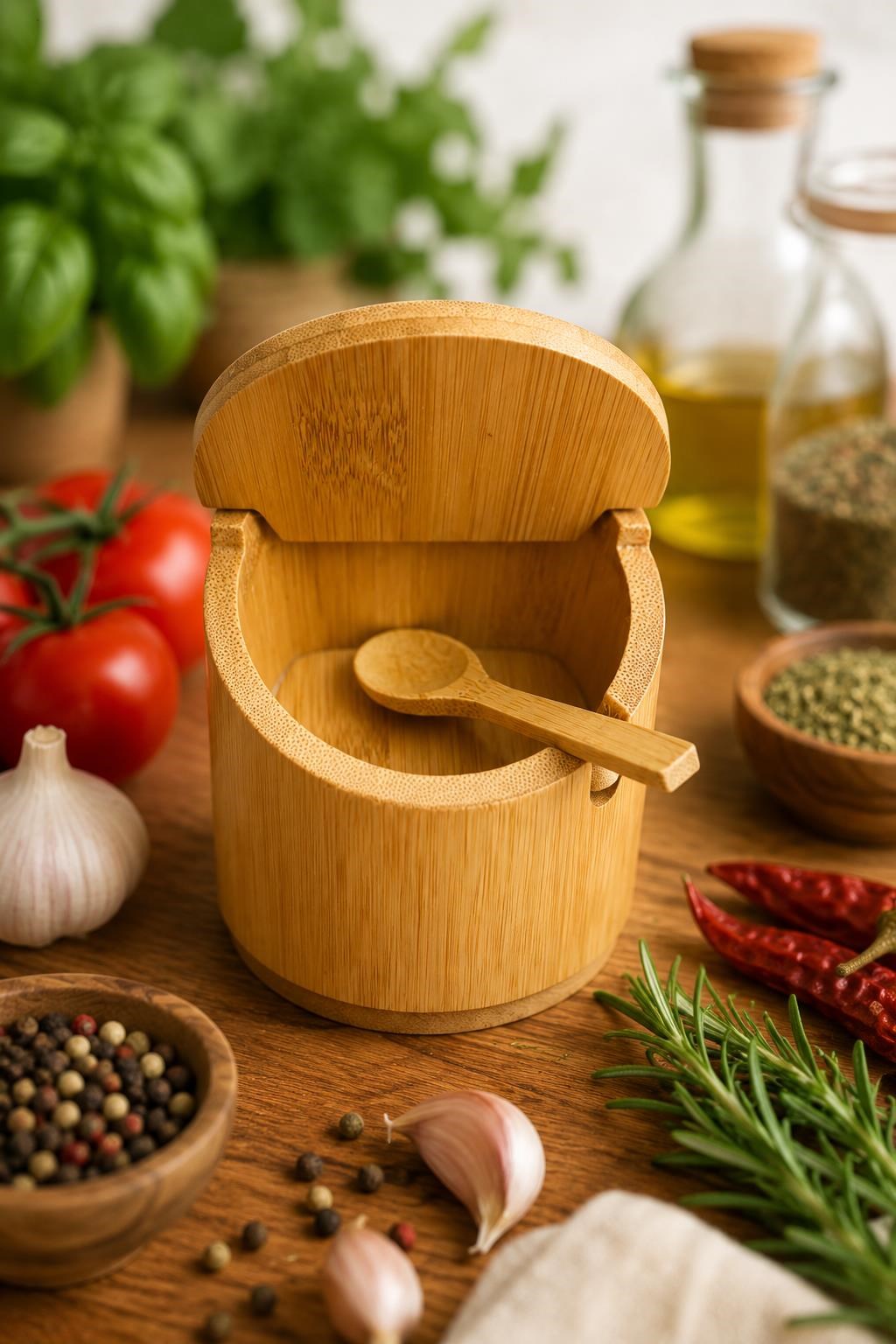 3'lü Kaşıklı Bambu Baharatlık Seti Kapaklı Saklama Kabı Kahve Şeker Tuz Kuruyemiş Organizer Şekerlik