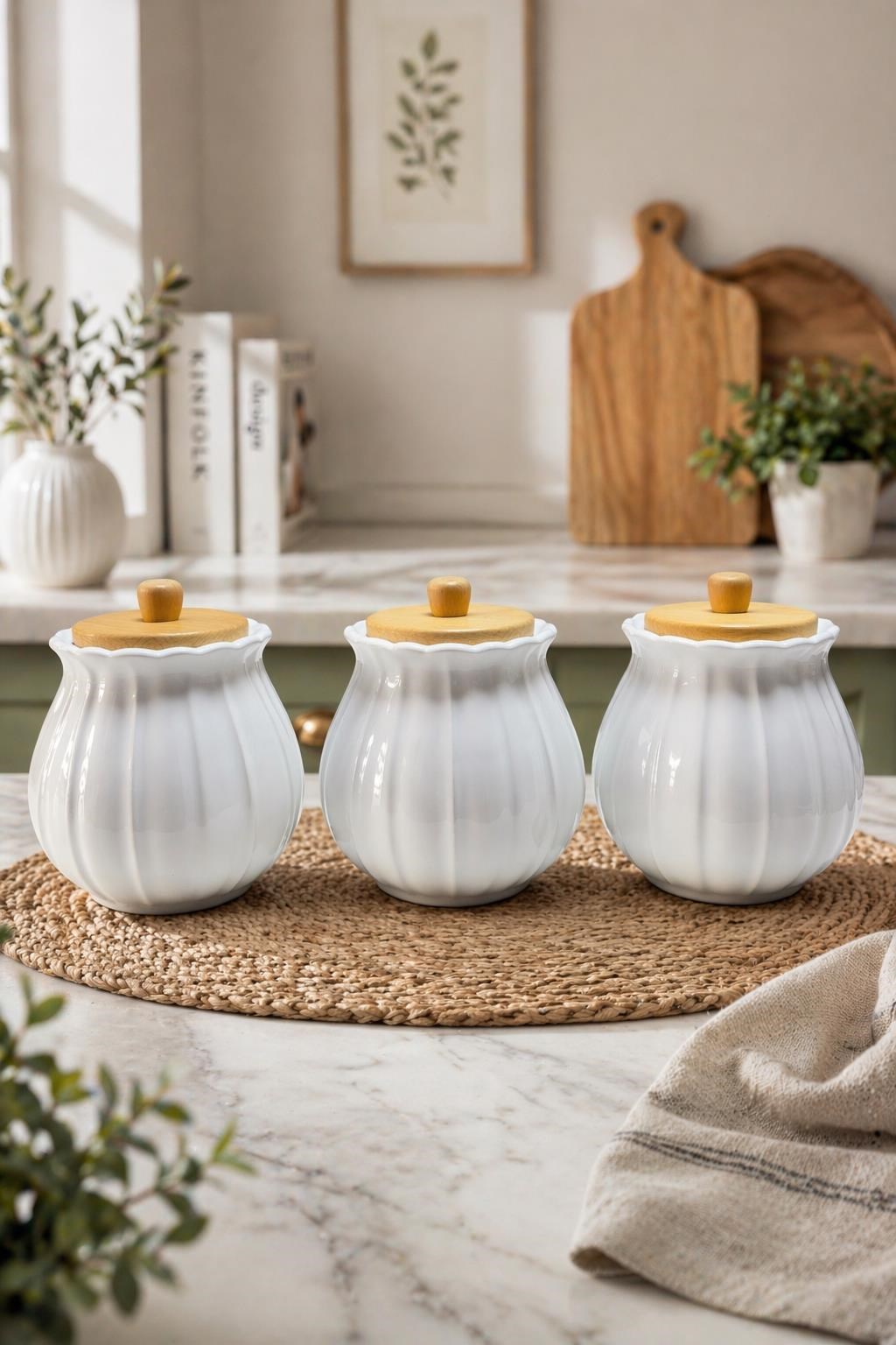 3'lü Seramik Sugar Tea Coffee Kavanoz Seti, Tezgah Üstü Baharat Takımı Vakumlu Papatya Tasarım