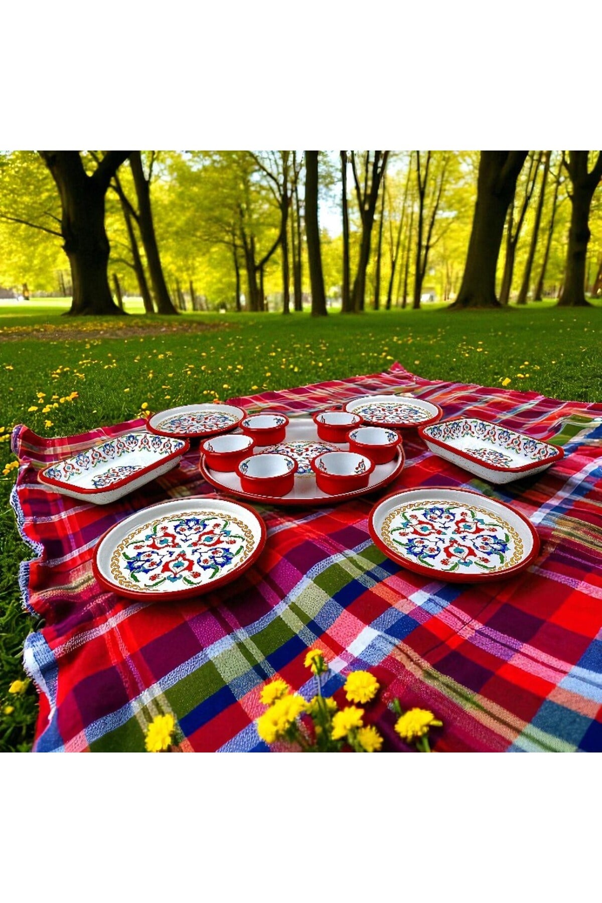 4 Kişilik Orta Boy Desenli Emaye Kahvaltı Seti,Sunum,Kahvaltı Tabağı, Reçellik,Zeytin, Peynir Tabağı