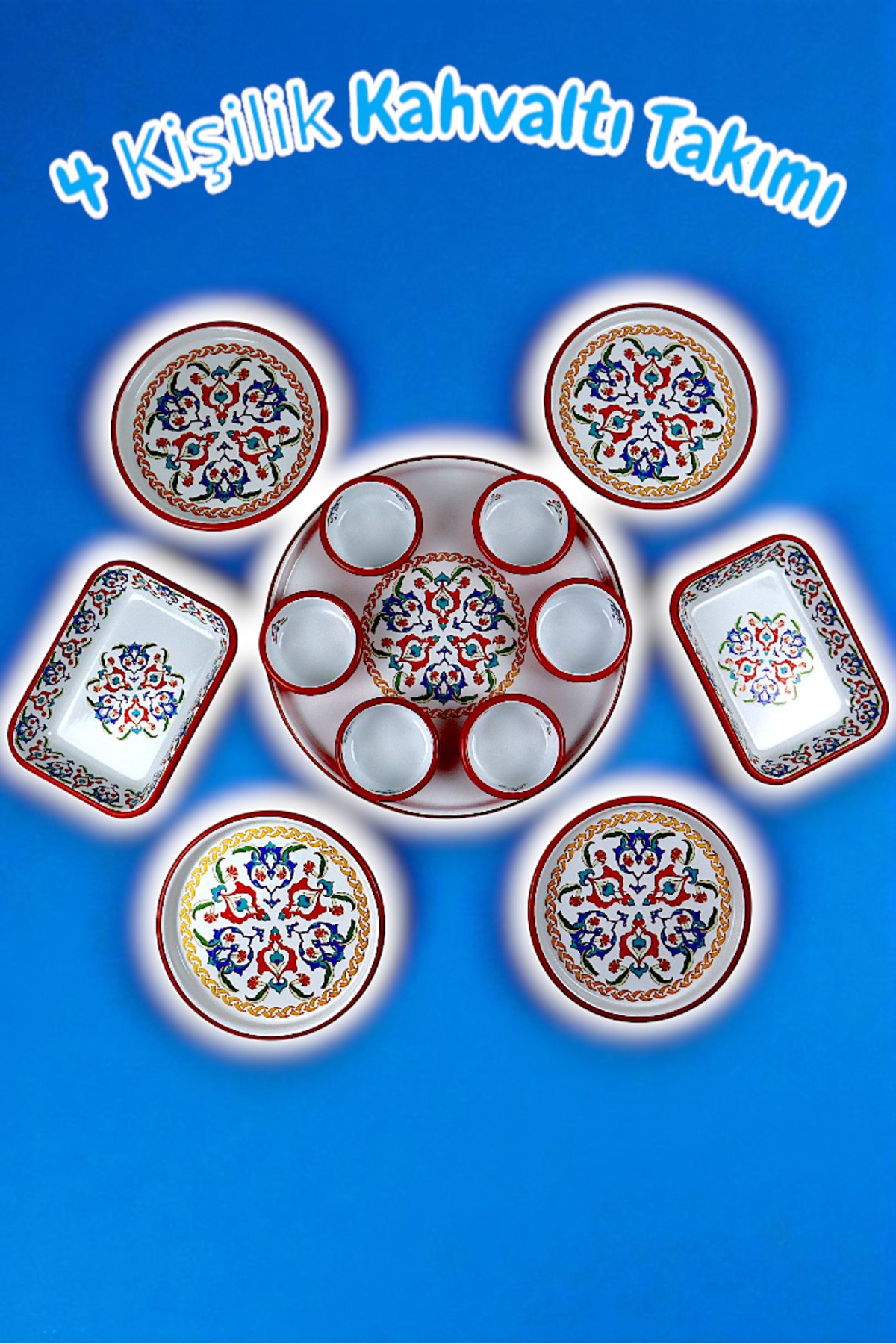 4 Kişilik Orta Boy Desenli Emaye Kahvaltı Seti,Sunum,Kahvaltı Tabağı, Reçellik,Zeytin, Peynir Tabağı