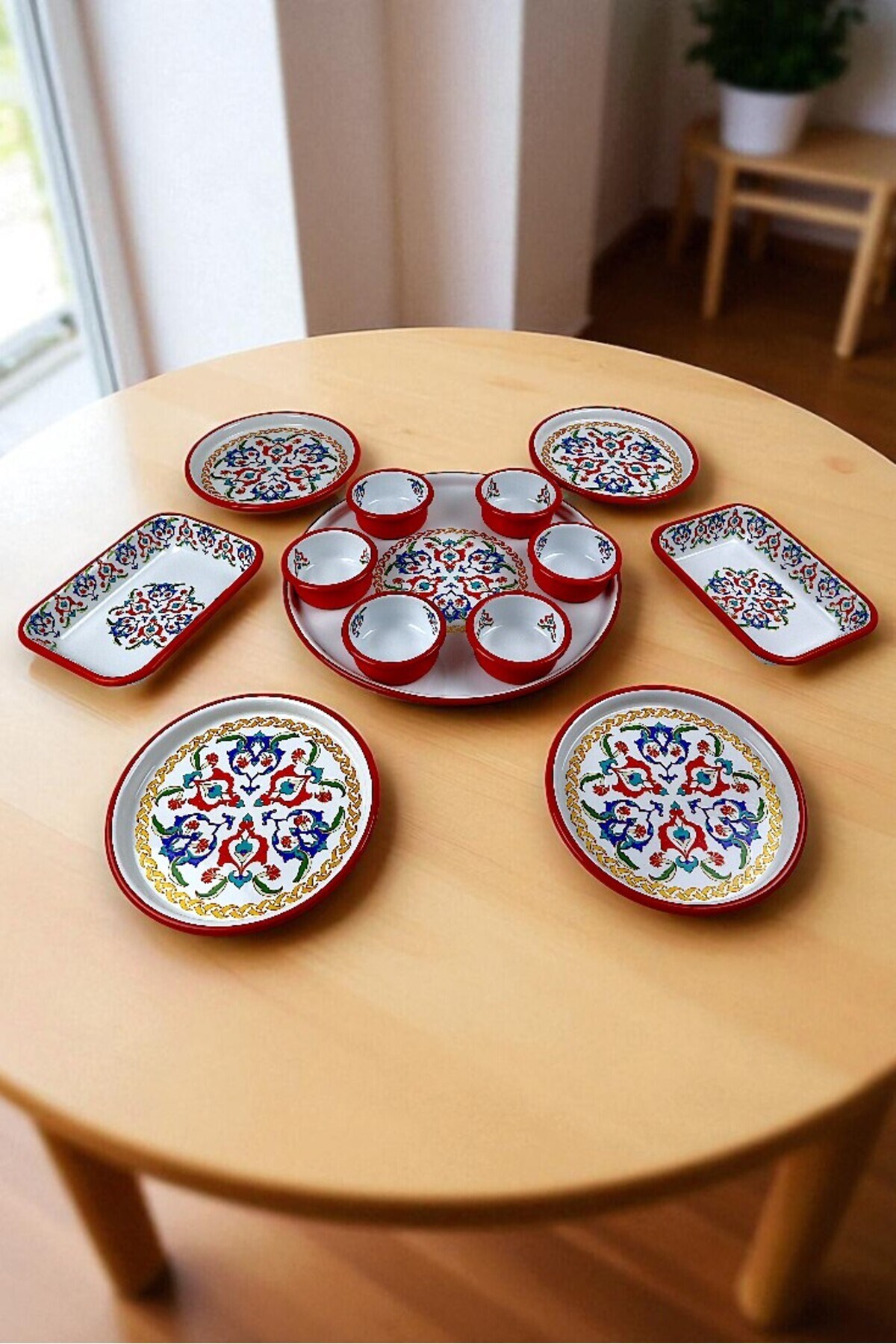 4 Kişilik Orta Boy Desenli Emaye Kahvaltı Seti,Sunum,Kahvaltı Tabağı, Reçellik,Zeytin, Peynir Tabağı