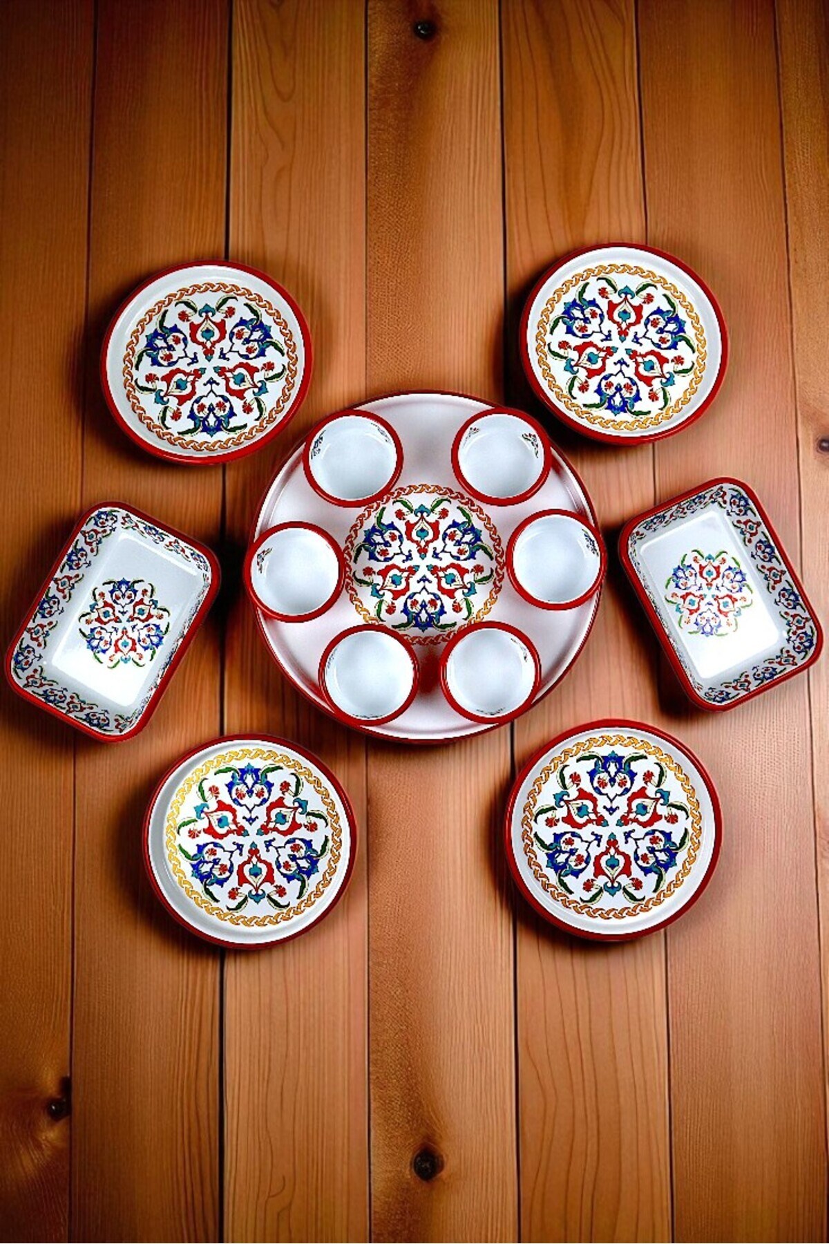 4 Kişilik Orta Boy Desenli Emaye Kahvaltı Seti,Sunum,Kahvaltı Tabağı, Reçellik,Zeytin, Peynir Tabağı