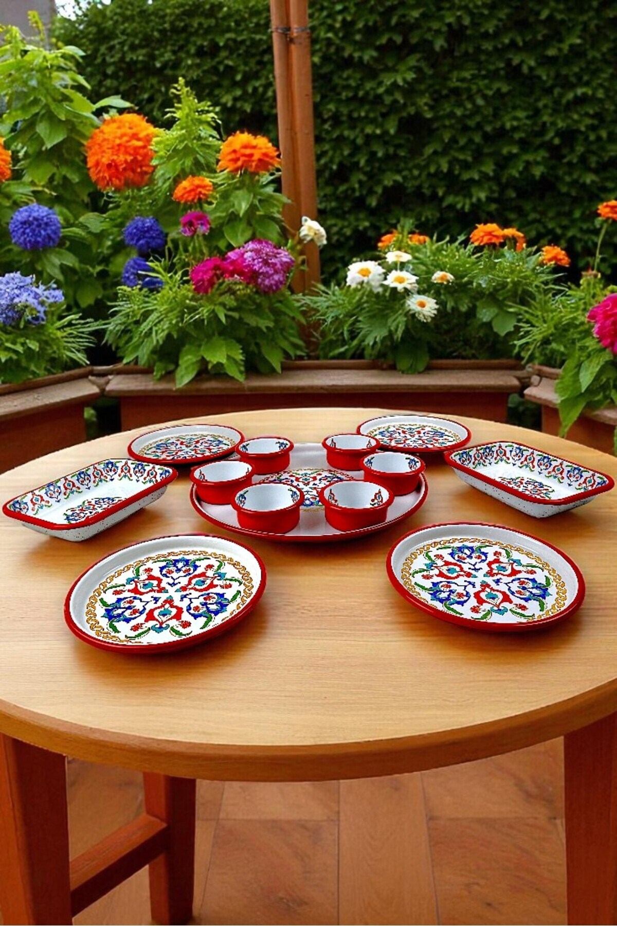 4 Kişilik Orta Boy Desenli Emaye Kahvaltı Seti,Sunum,Kahvaltı Tabağı, Reçellik,Zeytin, Peynir Tabağı
