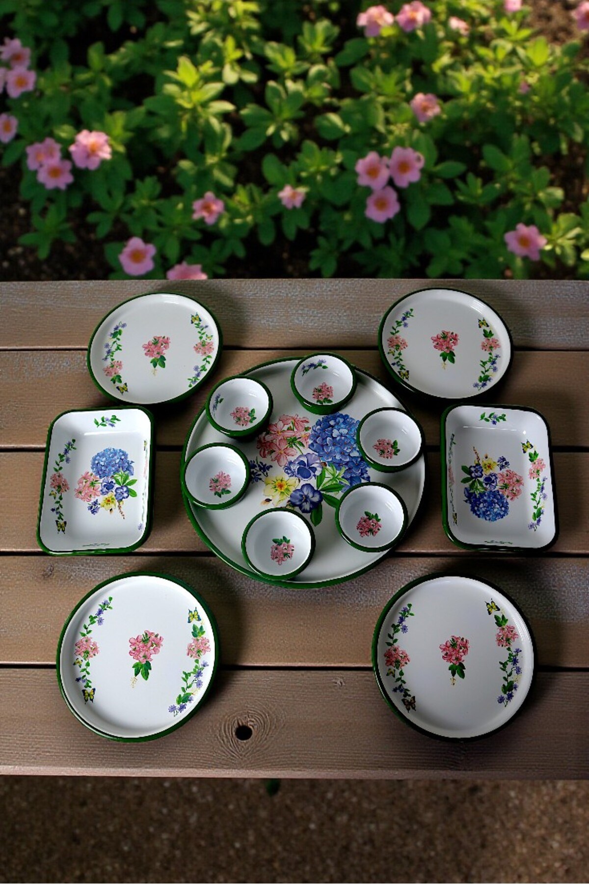 4 Kişilik Orta Boy Desenli Emaye Kahvaltı Seti,Sunum,Kahvaltı Tabağı, Reçellik,Zeytin, Peynir Tabağı