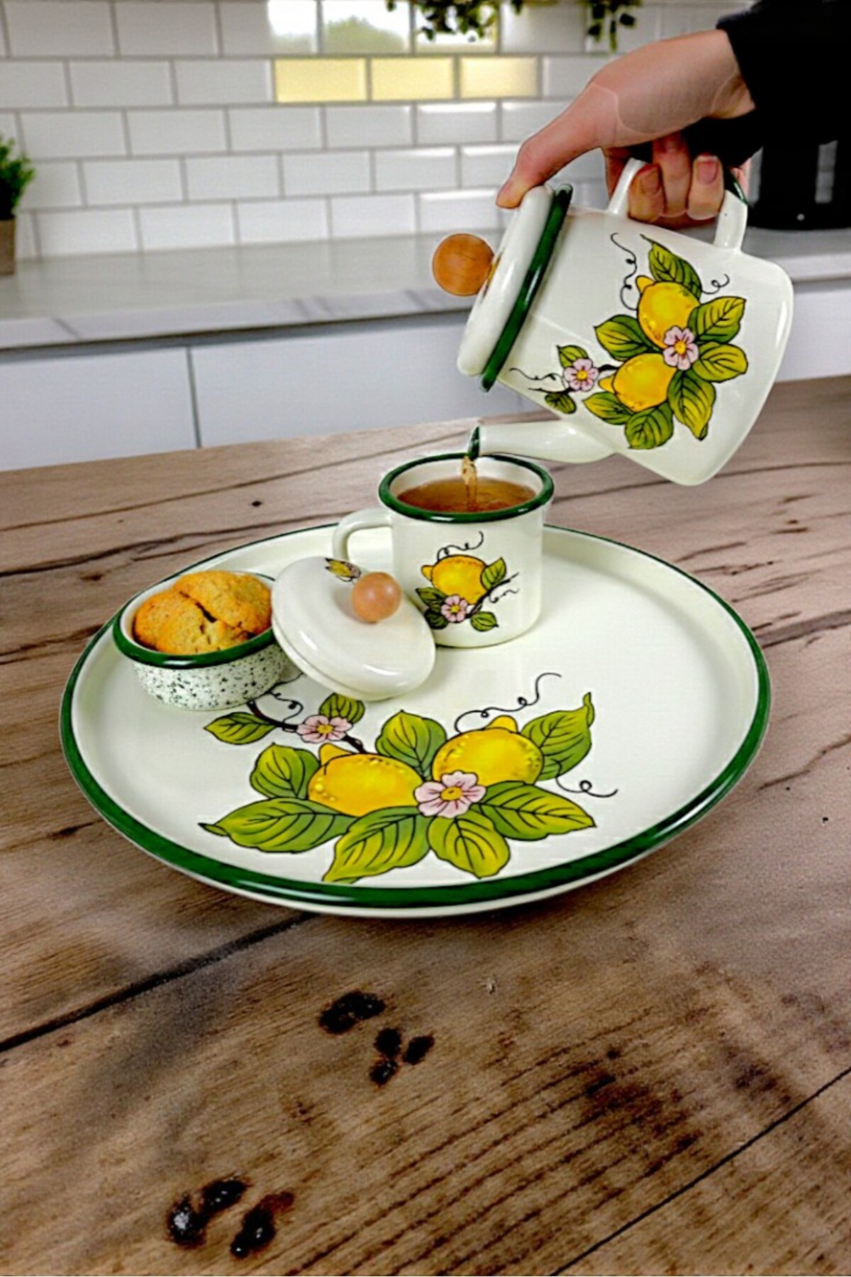 4 Parça Emaye Çay Takımı, Demlik, Sunum, Tepsi, Sunum Tepsisi, Bitki Çayı Demliği, Çeyiz, Hediye