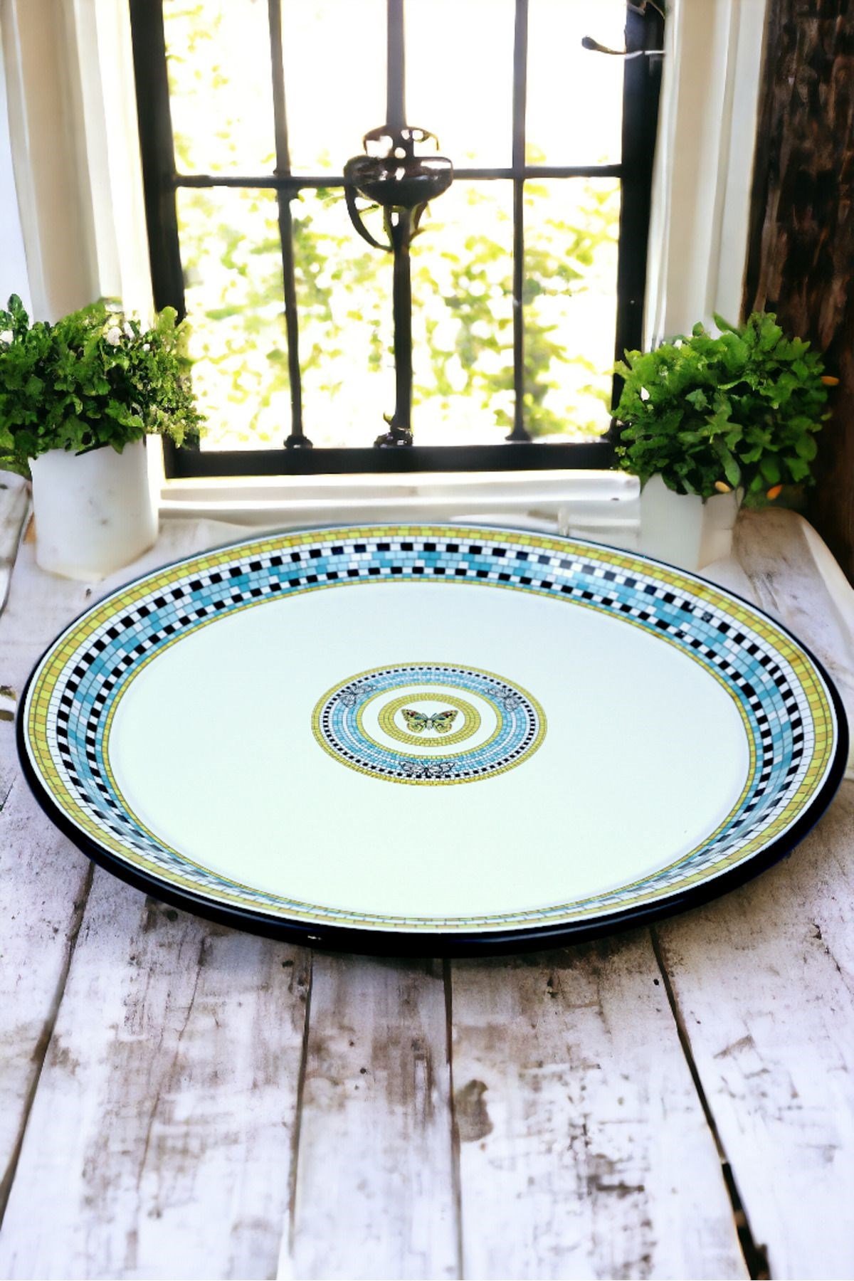 40 No Emaye Sini Sofra, Yemek Sunum Tepsi, Yer Sofrası Çinko ~38 Cm