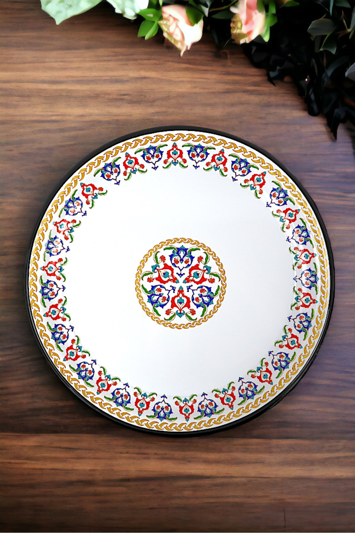40 No Emaye Sini Sofra, Yemek Sunum Tepsi, Yer Sofrası Çinko ~38 Cm