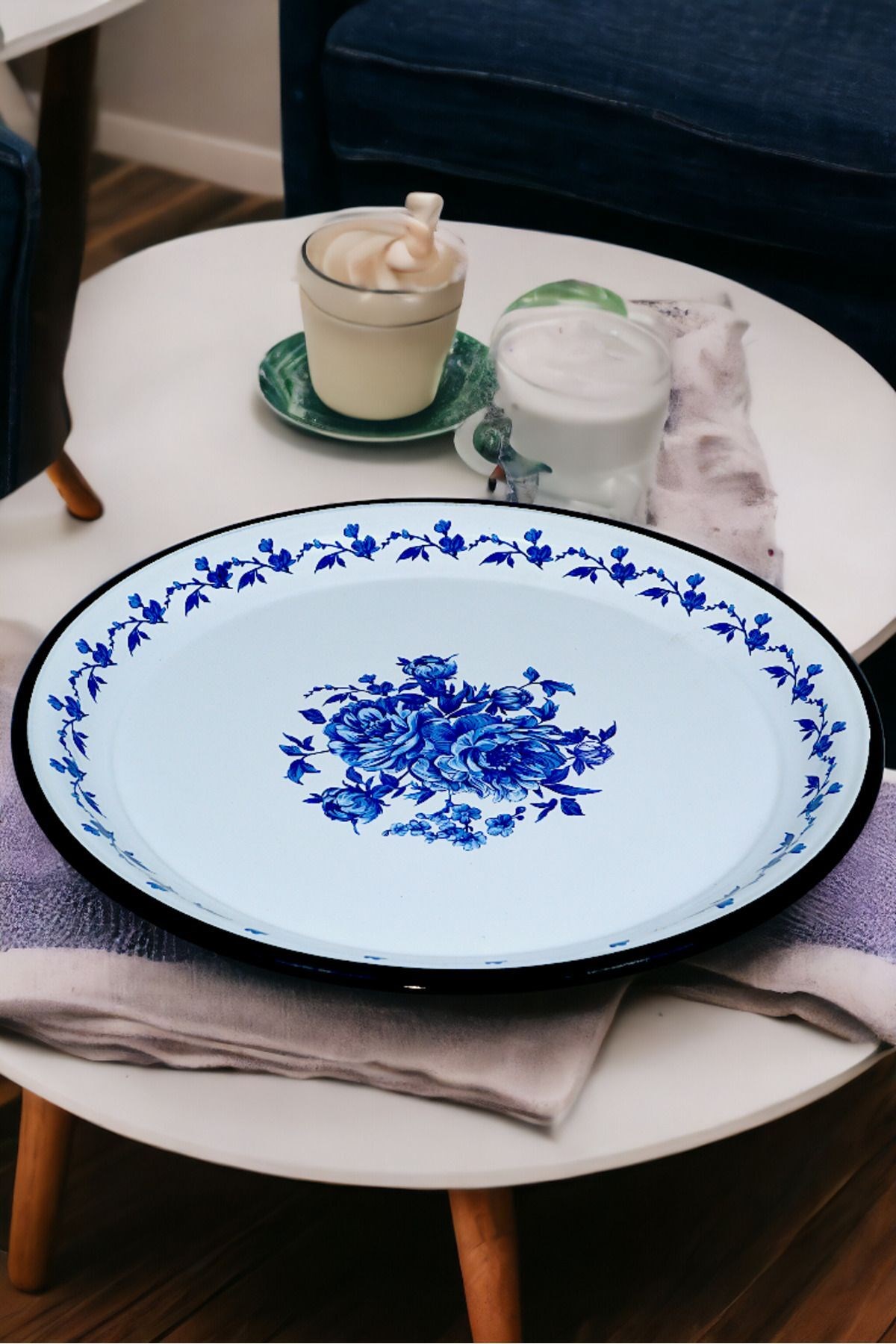 40 No Emaye Sini Sofra, Yemek Sunum Tepsi, Yer Sofrası Çinko ~38 Cm