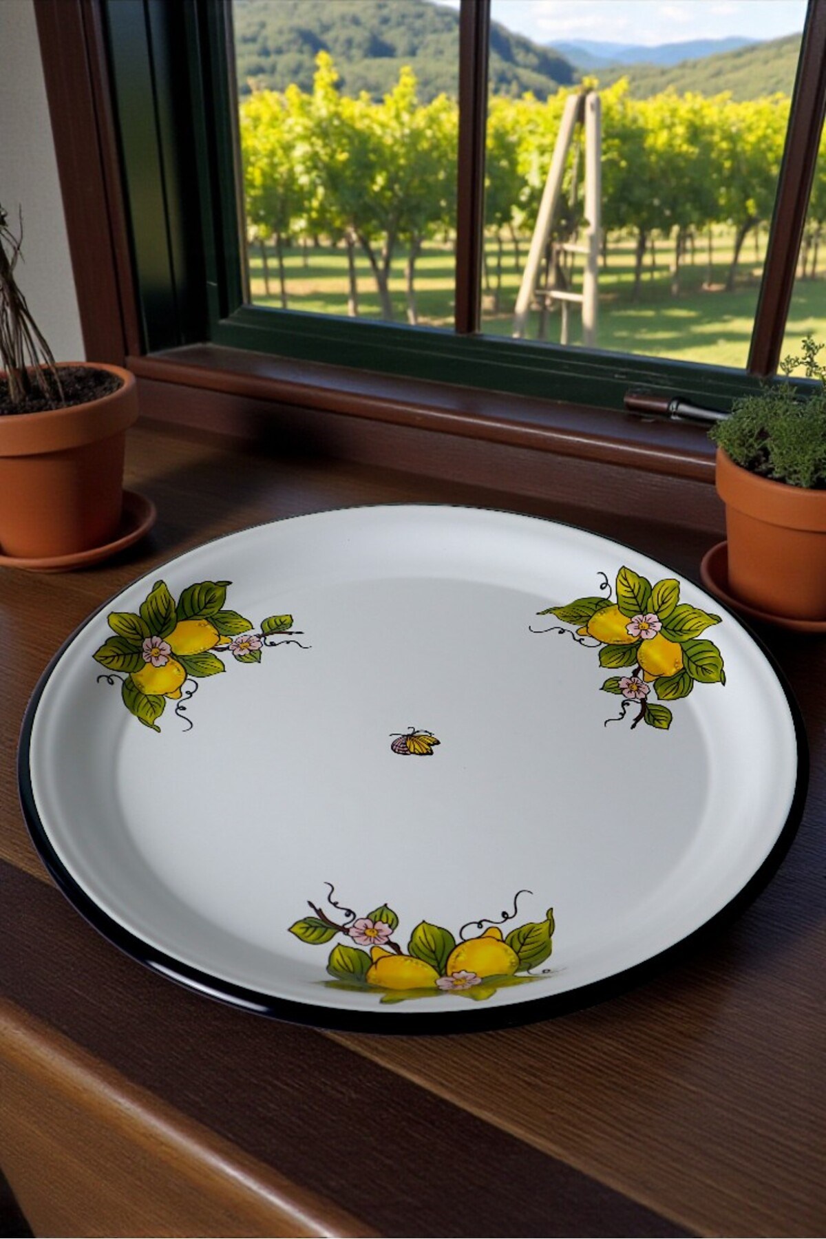 40 No Emaye Sini Sofra, Yemek Sunum Tepsi, Yer Sofrası Çinko ~38 Cm