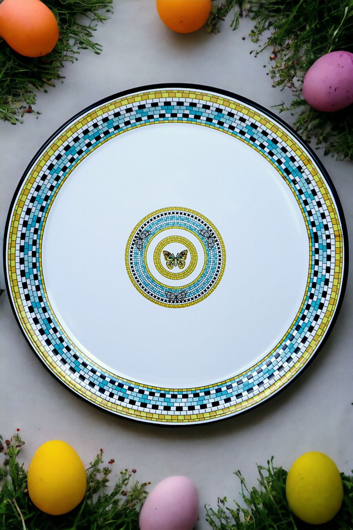 40 No Emaye Sini Sofra, Yemek Sunum Tepsi, Yer Sofrası Çinko ~38 Cm