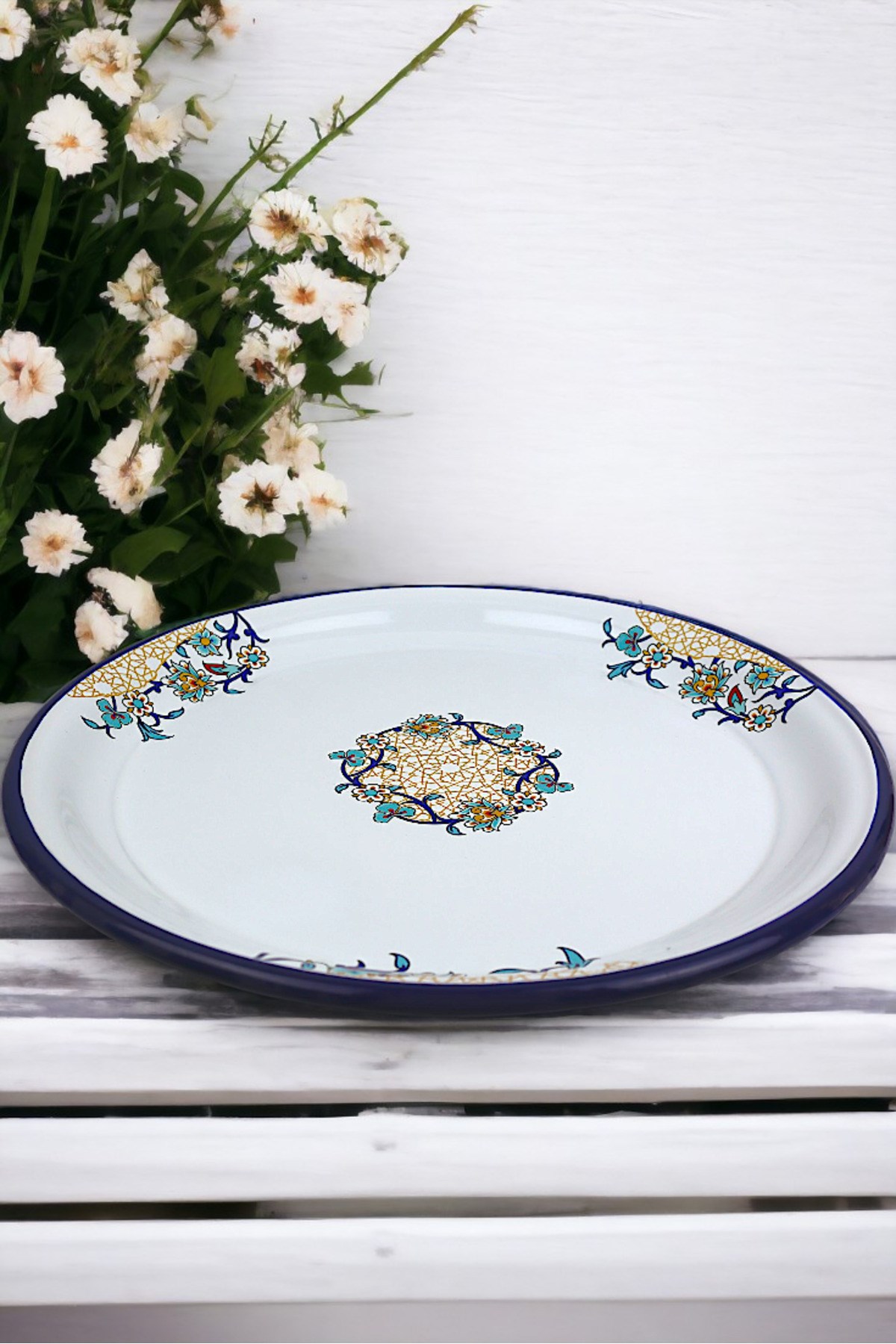 40 No Emaye Sini Sofra, Yemek Sunum Tepsi, Yer Sofrası Çinko ~38 Cm