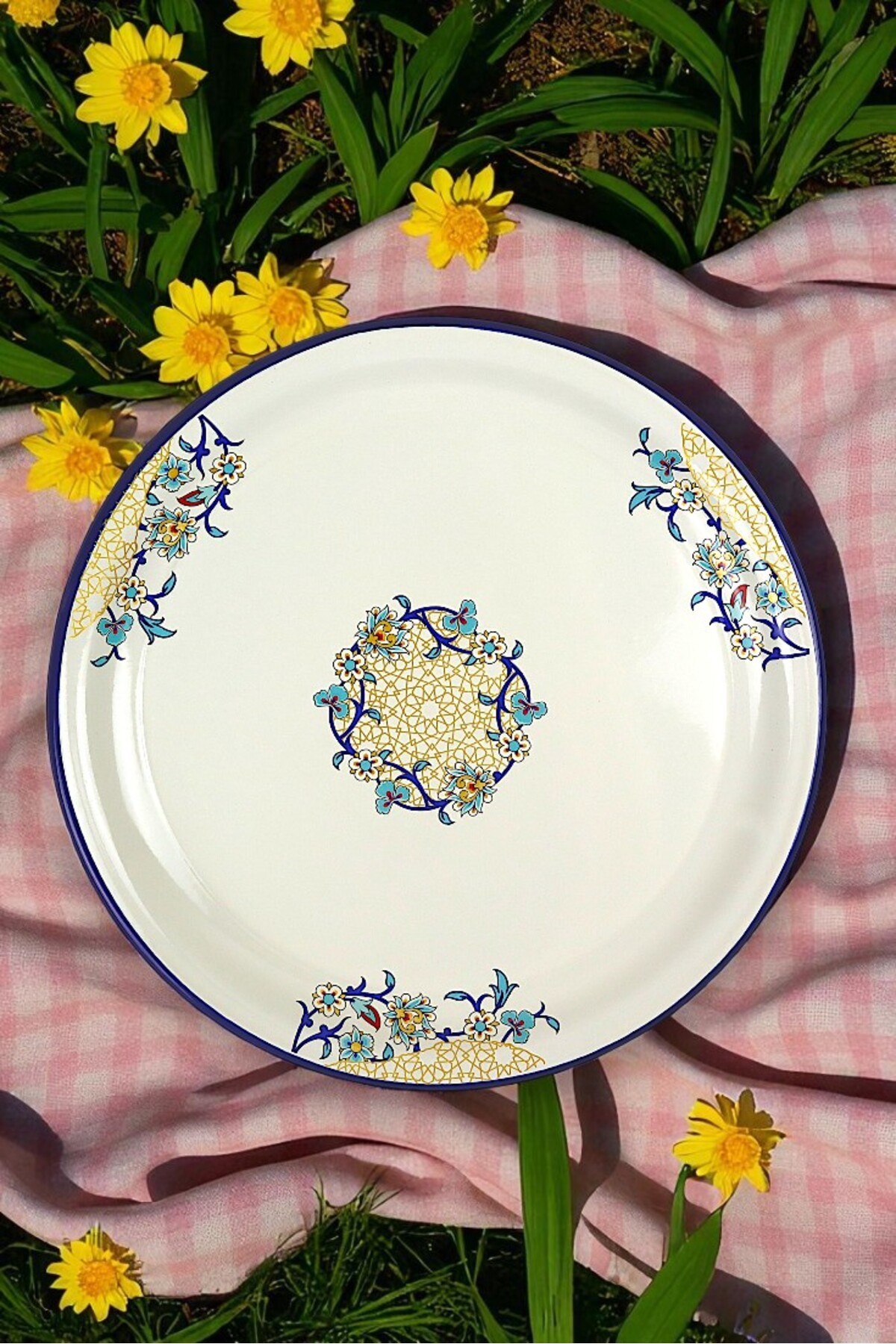40 No Emaye Sini Sofra, Yemek Sunum Tepsi, Yer Sofrası Çinko ~38 Cm