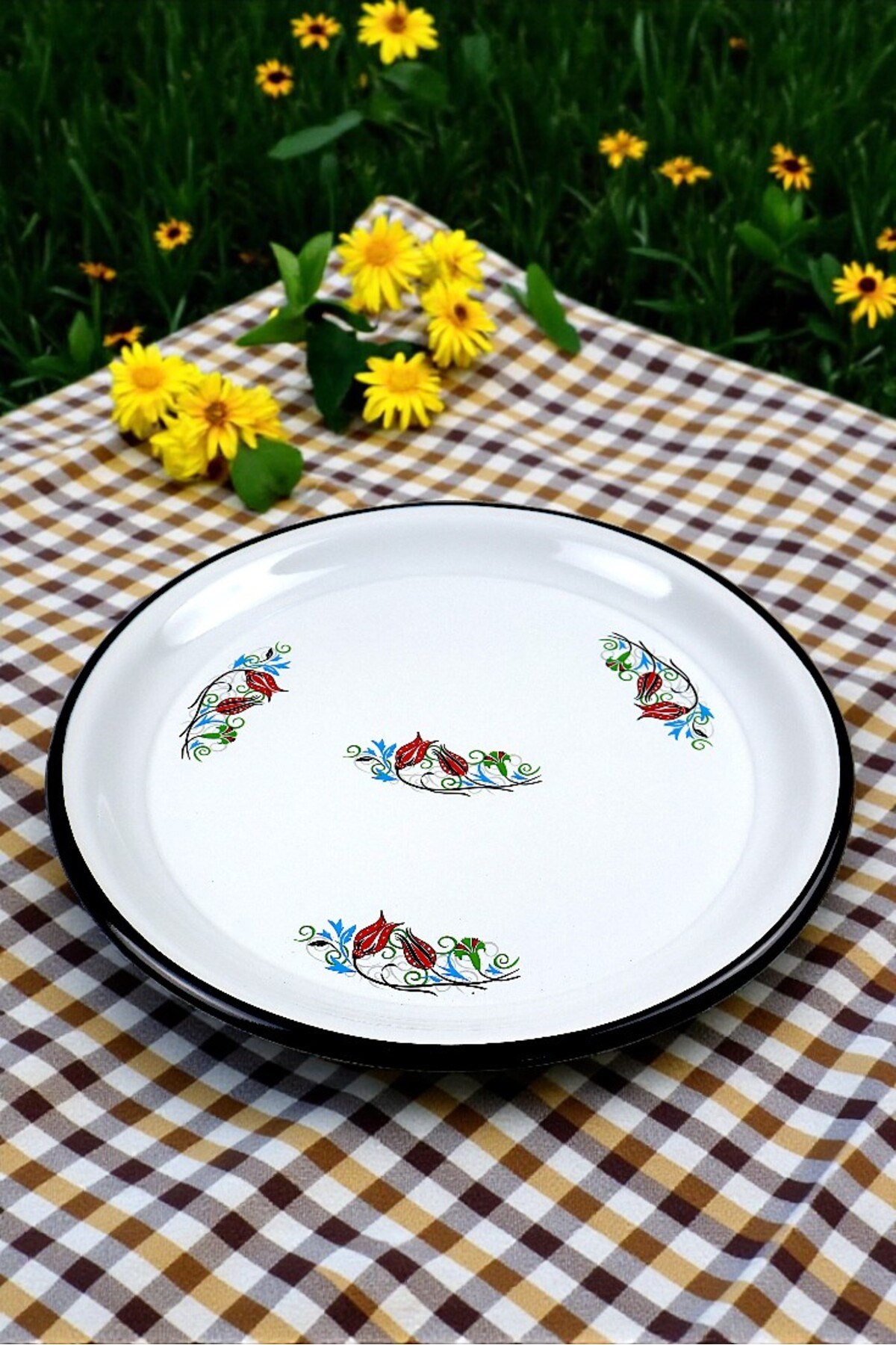 40 No Emaye Sini Sofra, Yemek Sunum Tepsi, Yer Sofrası Çinko ~38 Cm