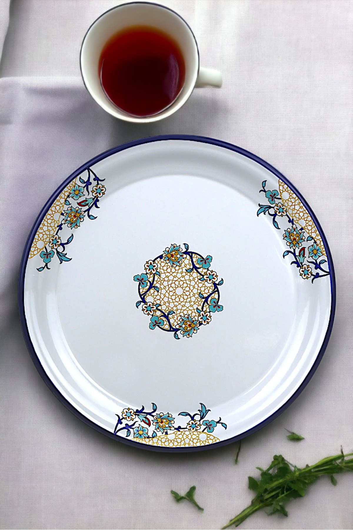 40 No Emaye Sini Sofra, Yemek Sunum Tepsi, Yer Sofrası Çinko ~38 Cm