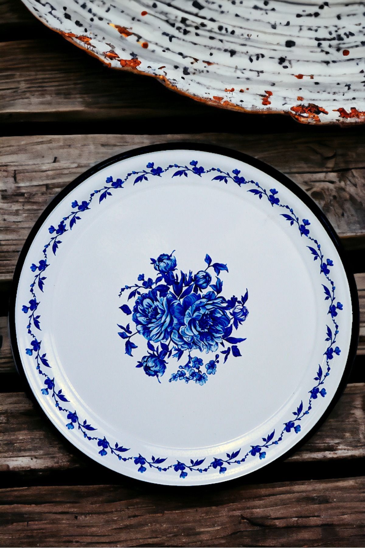 40 No Emaye Sini Sofra, Yemek Sunum Tepsi, Yer Sofrası Çinko ~38 Cm