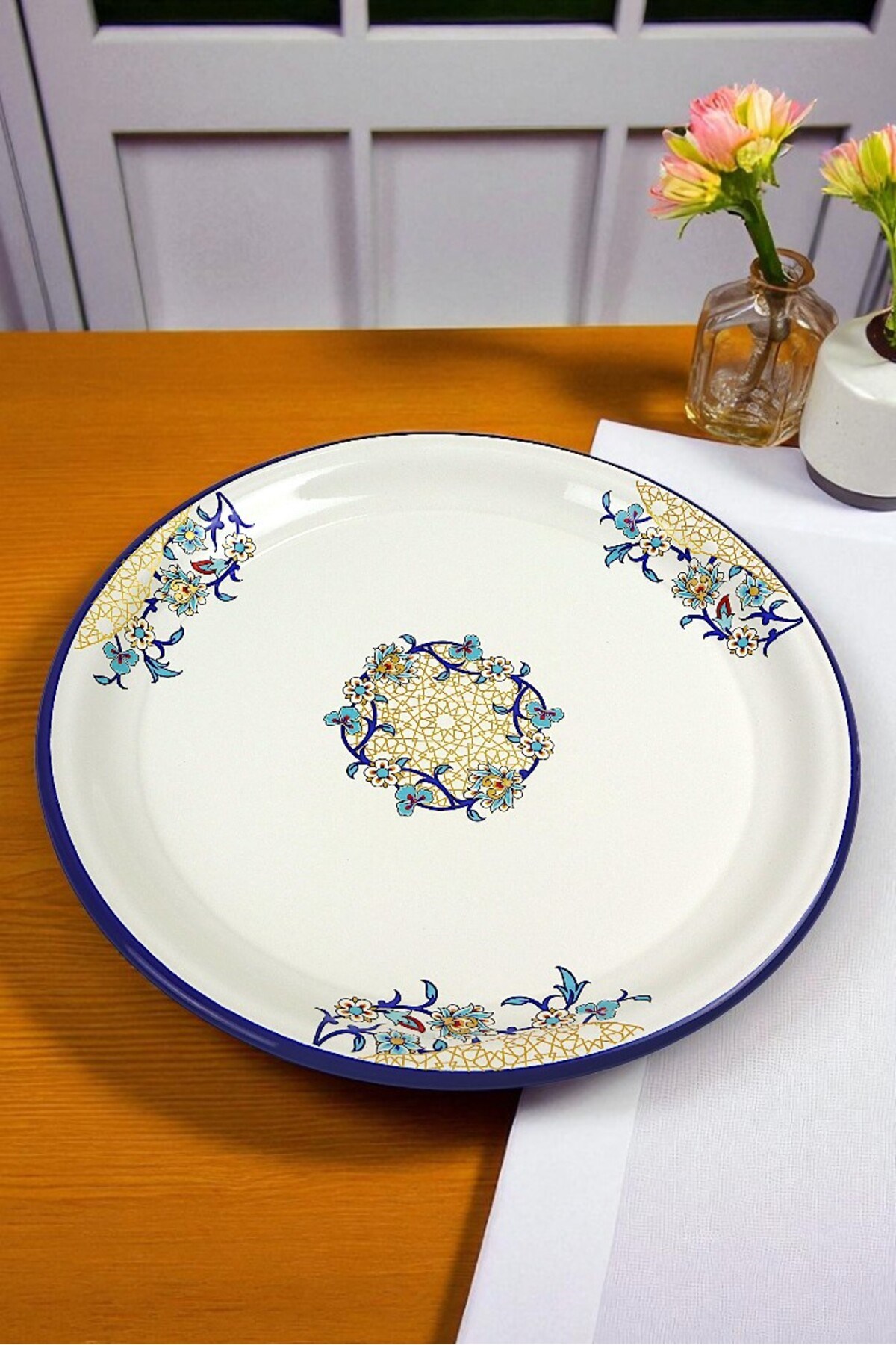 40 No Emaye Sini Sofra, Yemek Sunum Tepsi, Yer Sofrası Çinko ~38 Cm