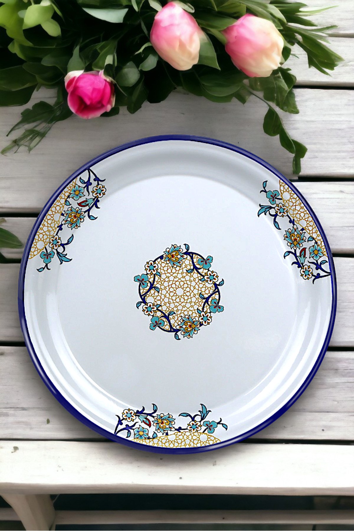 40 No Emaye Sini Sofra, Yemek Sunum Tepsi, Yer Sofrası Çinko ~38 Cm