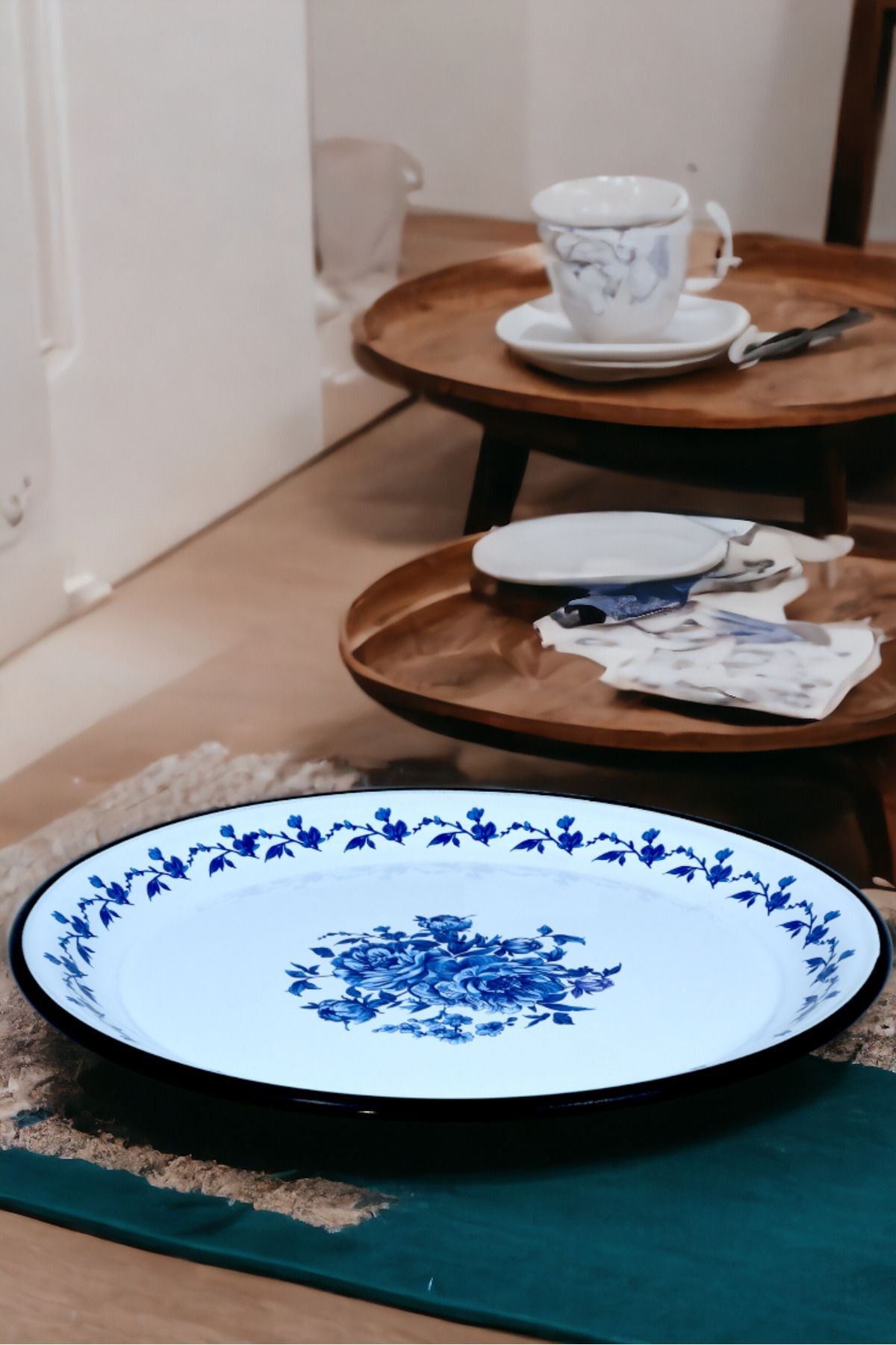 40 No Emaye Sini Sofra, Yemek Sunum Tepsi, Yer Sofrası Çinko ~38 Cm