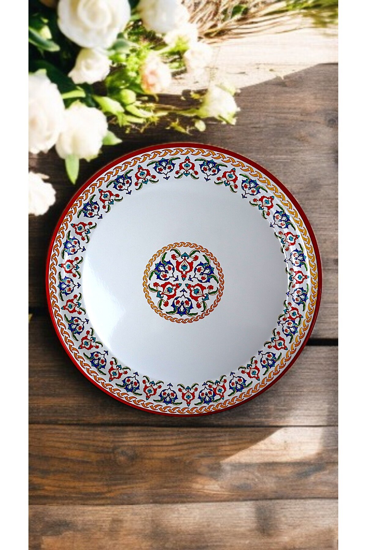 40 No kırmızı kenar Emaye Sini Sofra, Yemek Sunum Tepsi, Yer Sofrası Çinko ~38 Cm 1mm.KALIN ÜRÜN