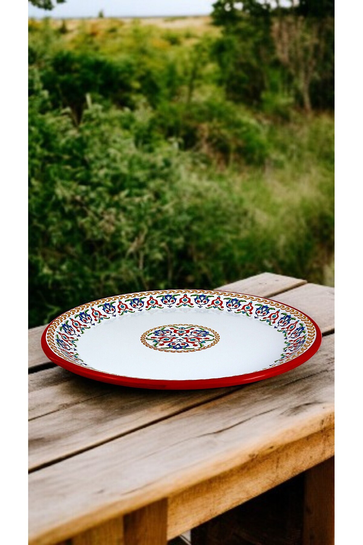 40 No kırmızı kenar Emaye Sini Sofra, Yemek Sunum Tepsi, Yer Sofrası Çinko ~38 Cm 1mm.KALIN ÜRÜN