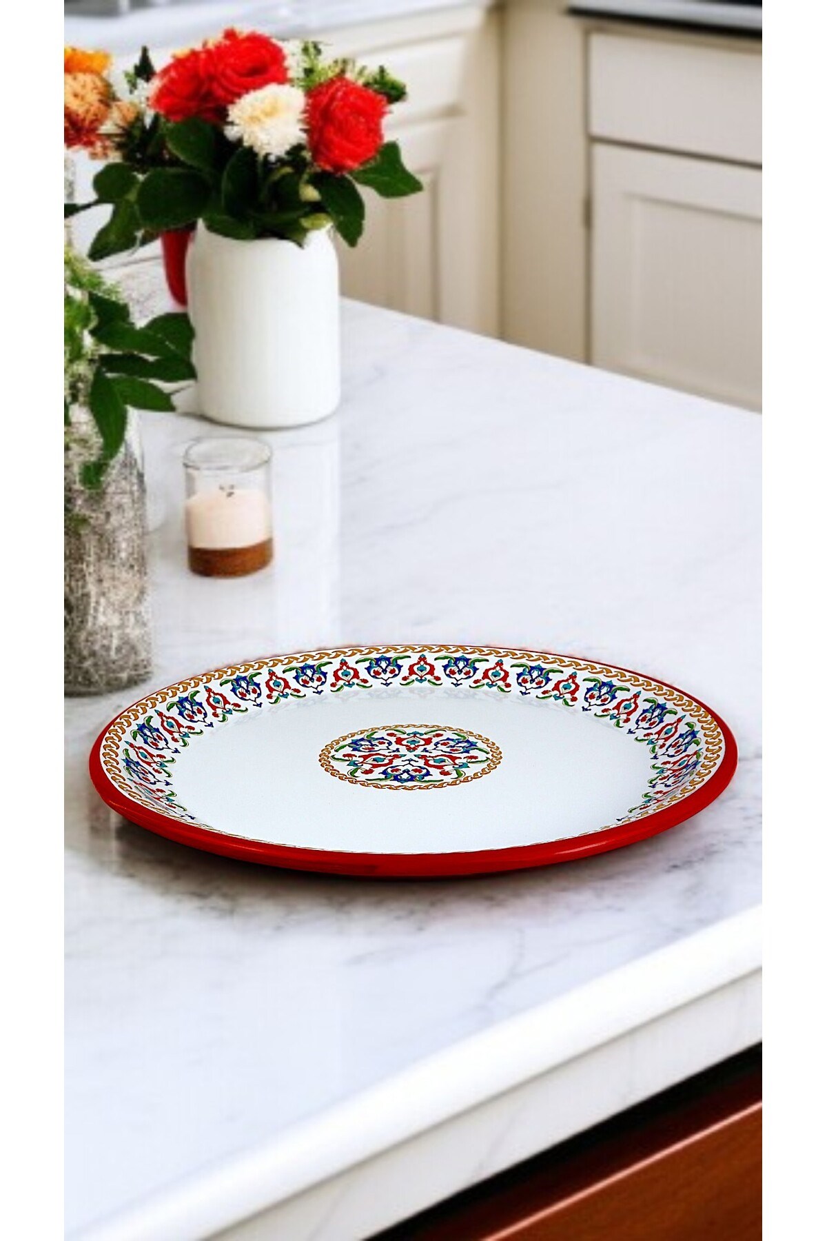 40 No kırmızı kenar Emaye Sini Sofra, Yemek Sunum Tepsi, Yer Sofrası Çinko ~38 Cm 1mm.KALIN ÜRÜN