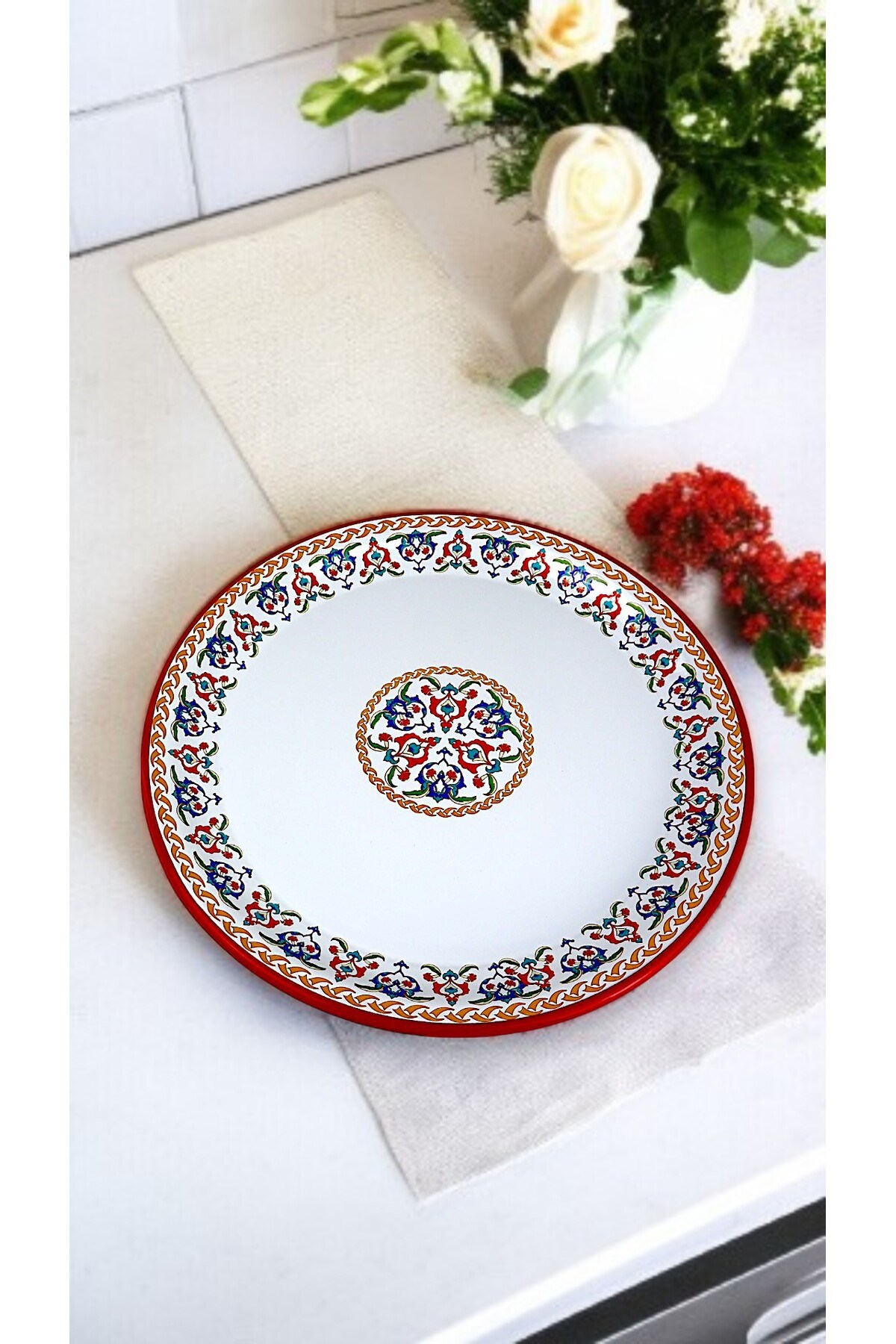 40 No kırmızı kenar Emaye Sini Sofra, Yemek Sunum Tepsi, Yer Sofrası Çinko ~38 Cm 1mm.KALIN ÜRÜN