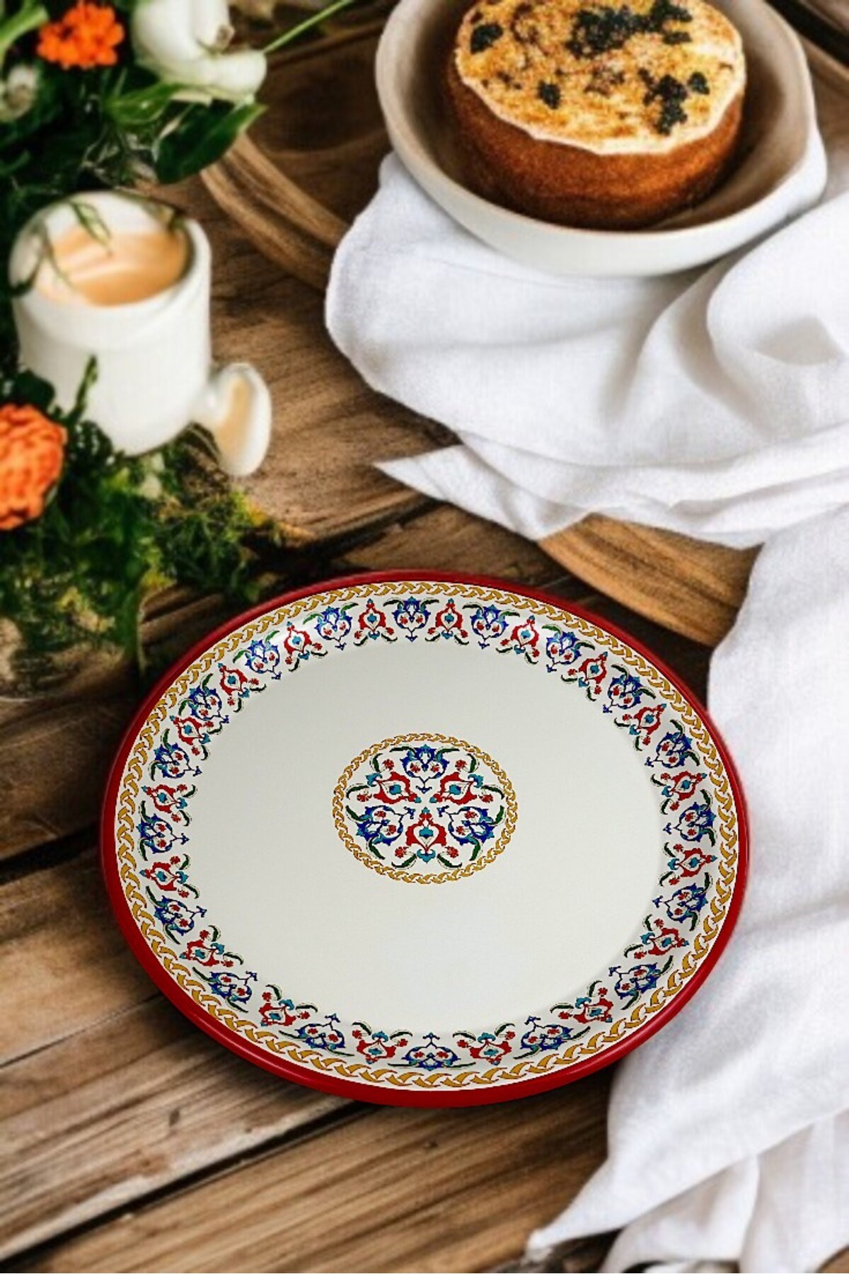40 No krem Emaye Sini Sofra, Yemek Sunum Tepsi, Yer Sofrası Çinko ~38 Cm