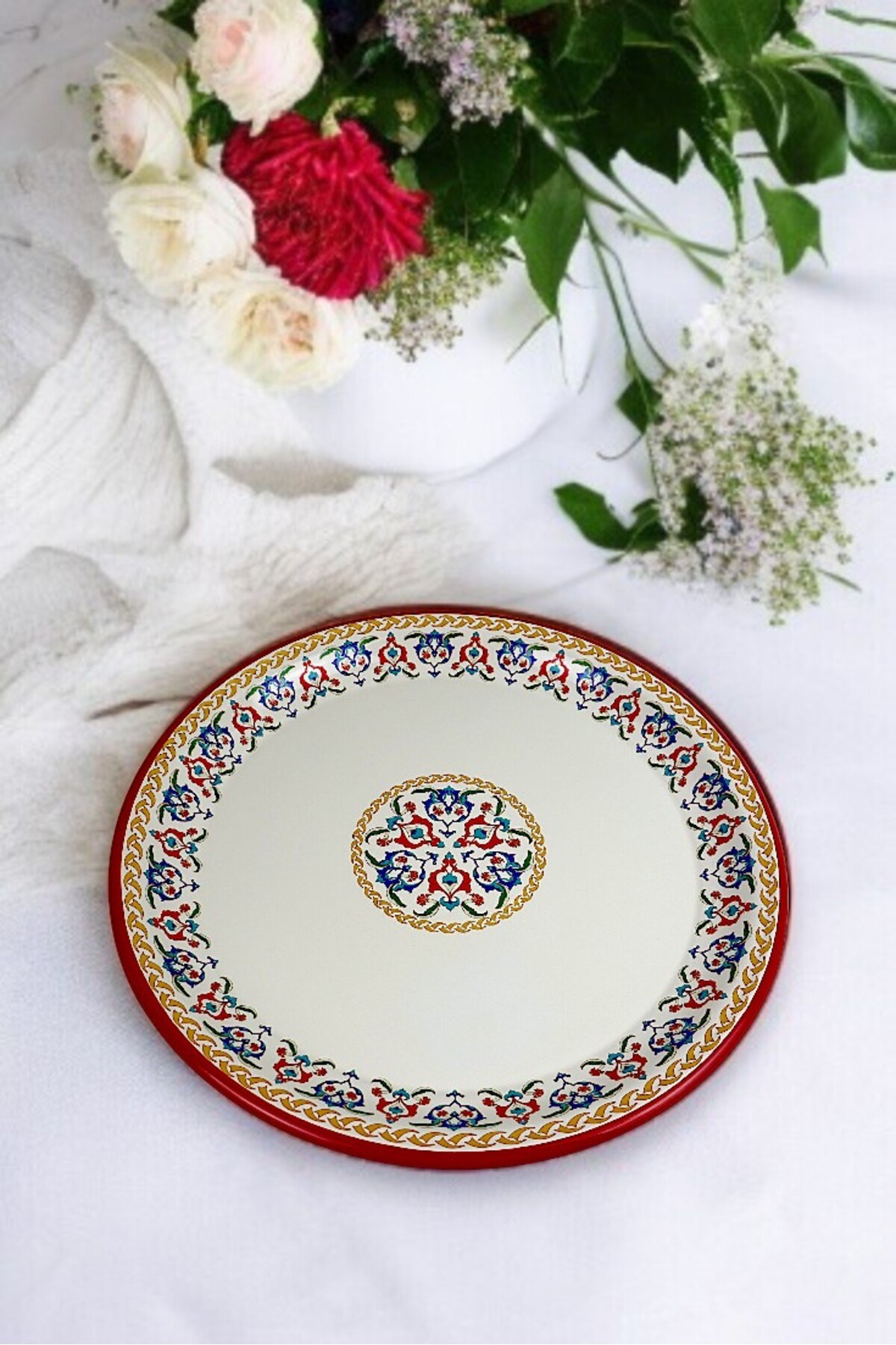 40 No krem Emaye Sini Sofra, Yemek Sunum Tepsi, Yer Sofrası Çinko ~38 Cm