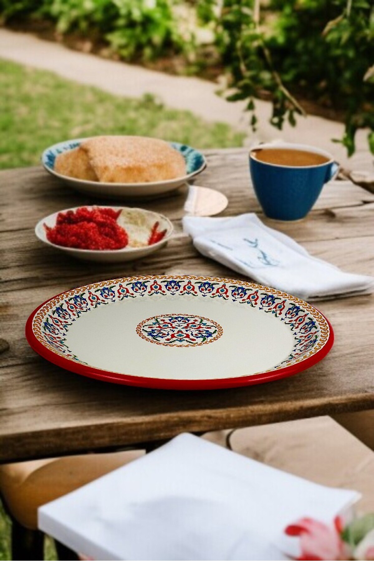 40 No krem Emaye Sini Sofra, Yemek Sunum Tepsi, Yer Sofrası Çinko ~38 Cm