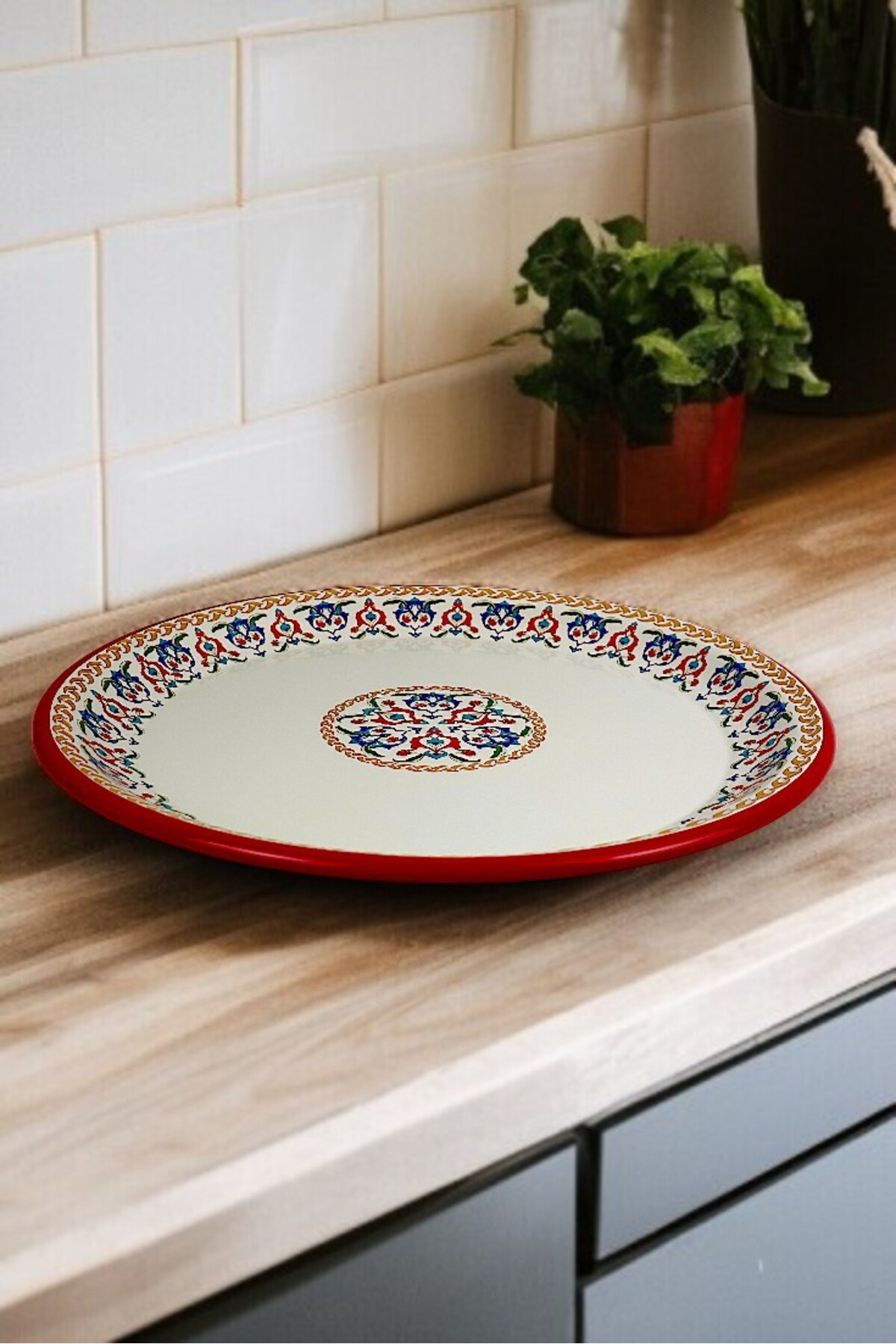 40 No krem Emaye Sini Sofra, Yemek Sunum Tepsi, Yer Sofrası Çinko ~38 Cm