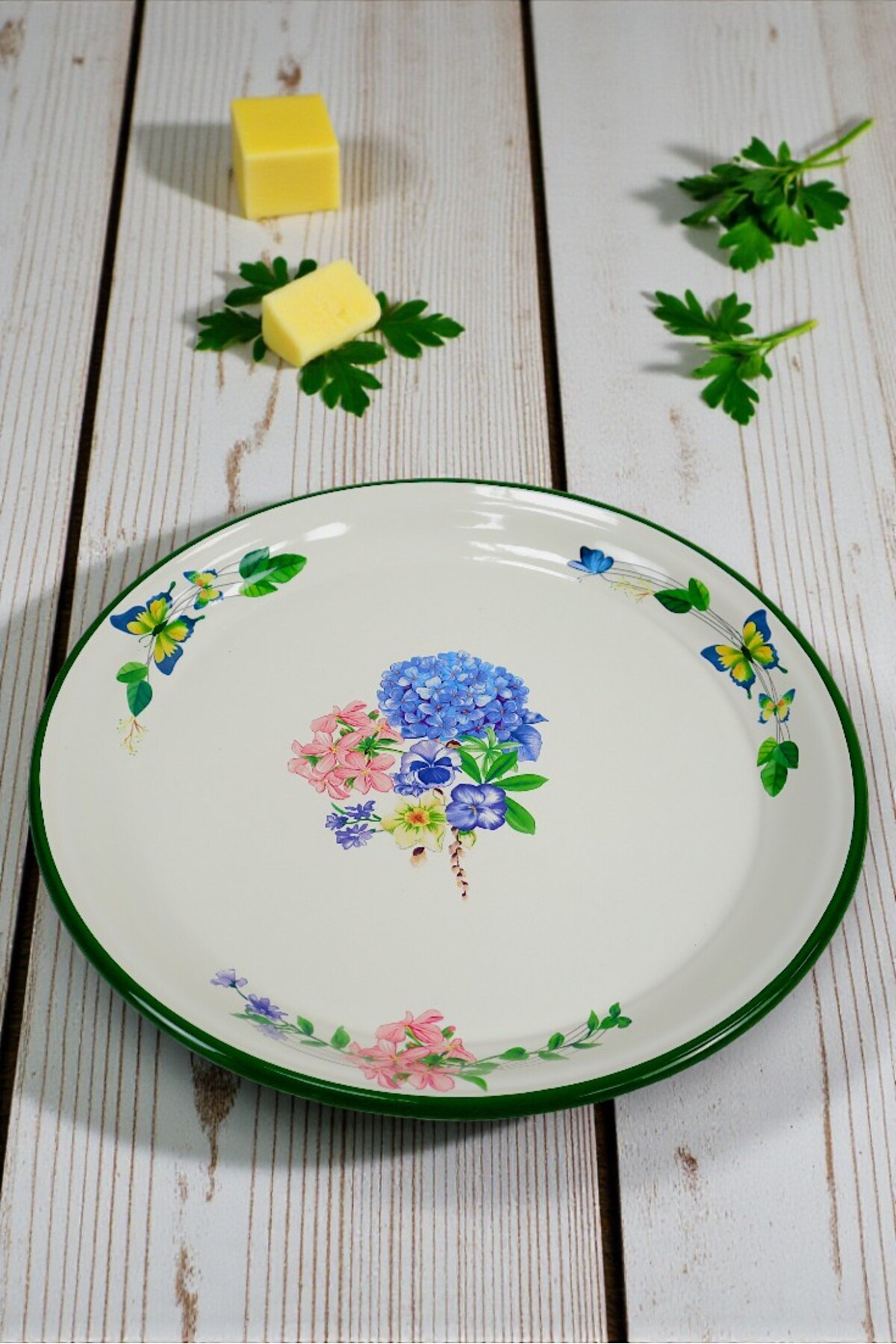 40 No Krem Emaye Sini Sofra, Yemek Sunum Tepsi, Yer Sofrası Çinko ~38 Cm