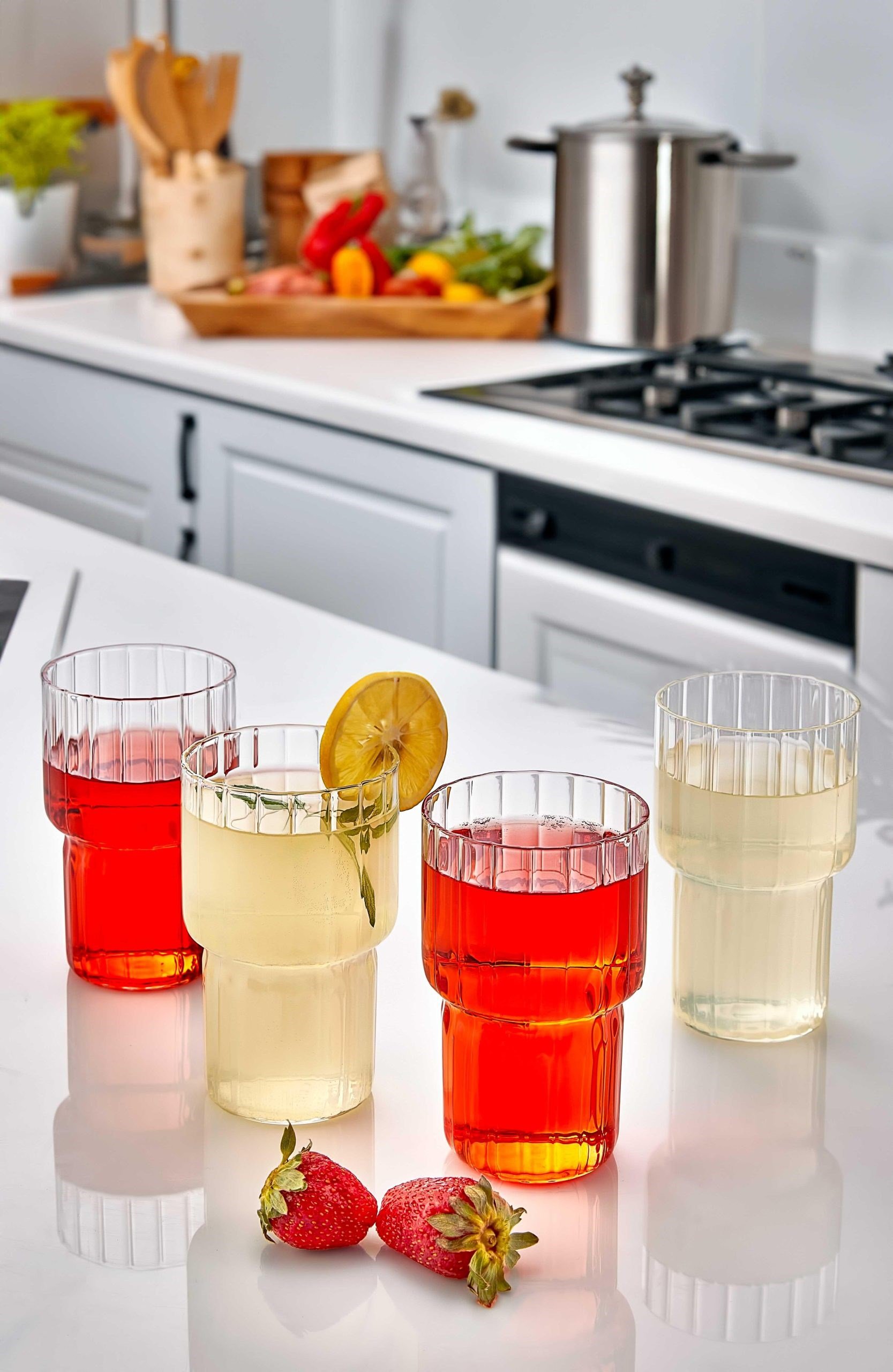 4'lü Borasilikat Cam Bardak - 350 ml Çizgili Pinterest Meşrubat, Limonata,  Kahve Sunum Bardağı