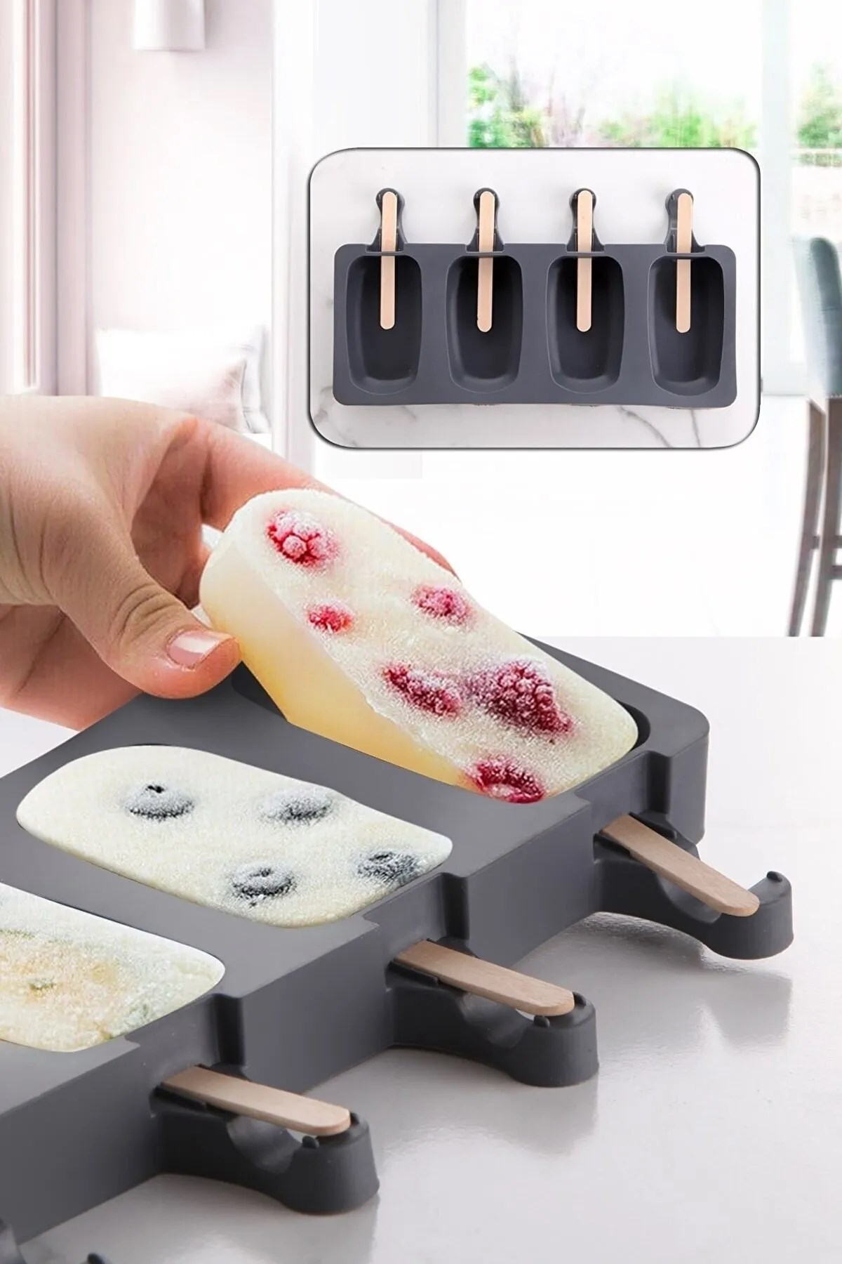 4'Lü Magnum Dondurma Kalıbı, Silikon Büyük Boy Gri Dondurma Kabı, Dondurmalık - ( Bpa Free )