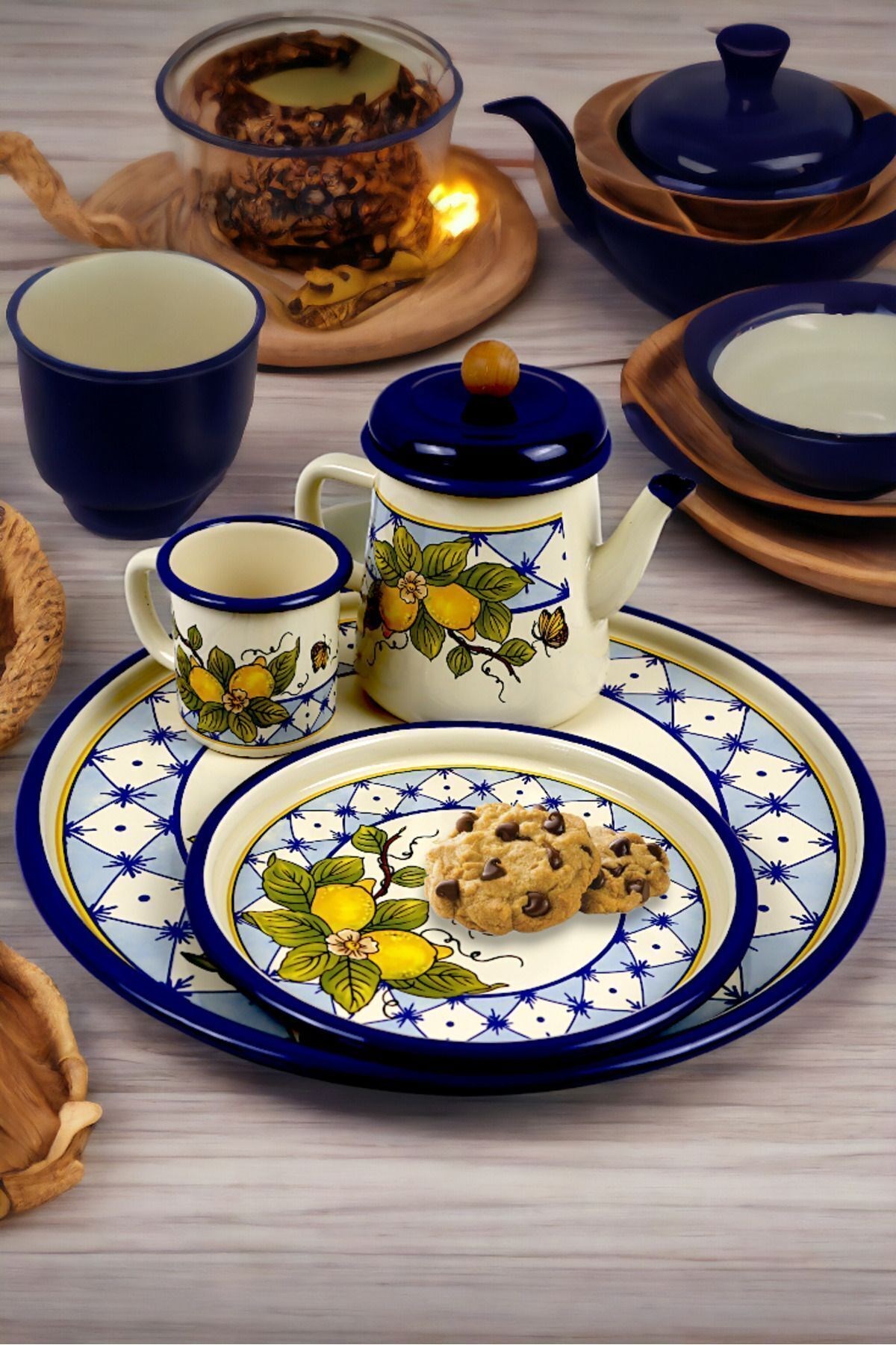 5 Parça Emaye Çay Takımı, Demlik,  Sunum, Tepsi, Sunum Tepsisi, Bitki Çayı Demliği, Çeyiz, Hediye