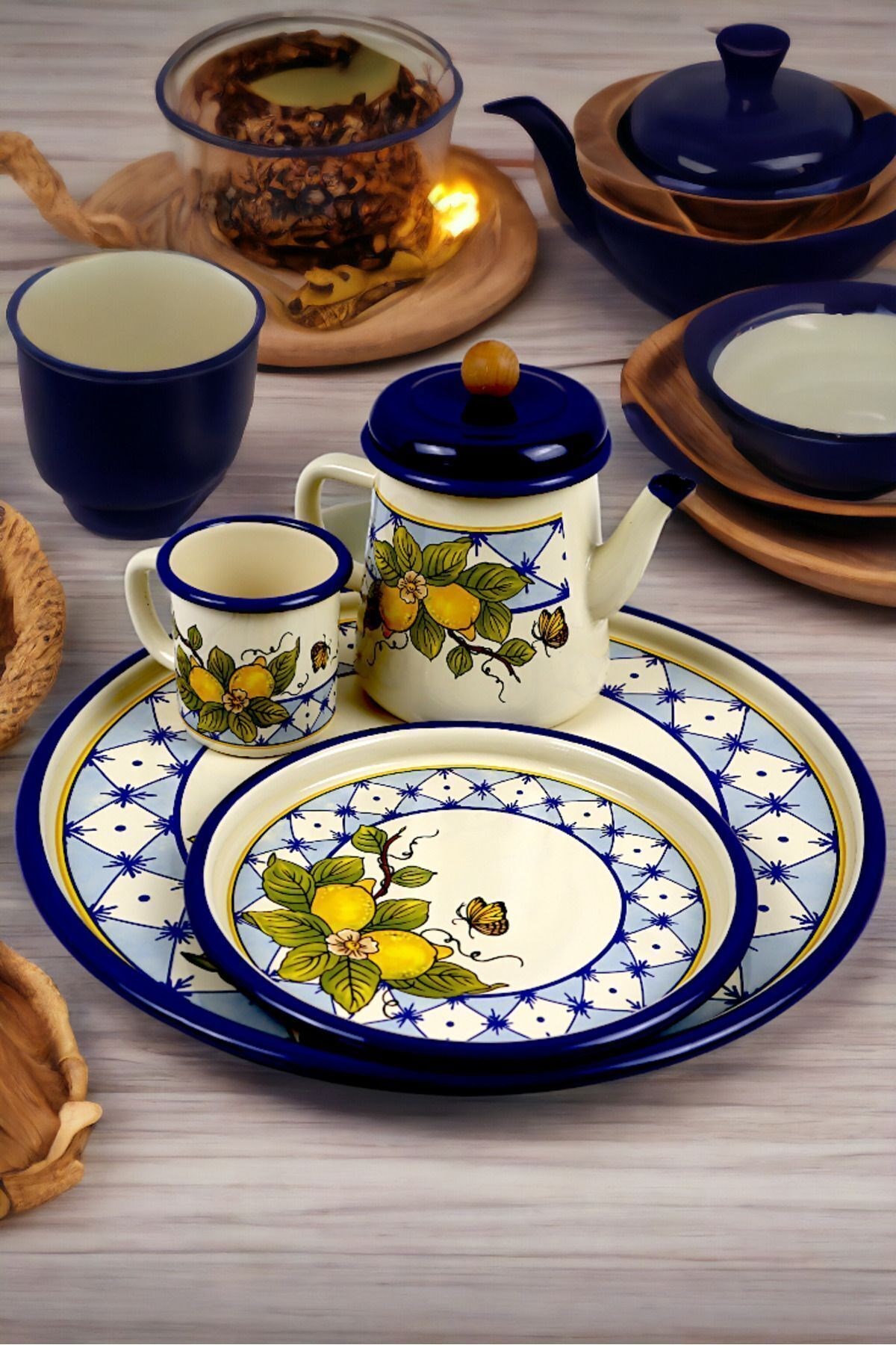 5 Parça Emaye Çay Takımı, Demlik,  Sunum, Tepsi, Sunum Tepsisi, Bitki Çayı Demliği, Çeyiz, Hediye