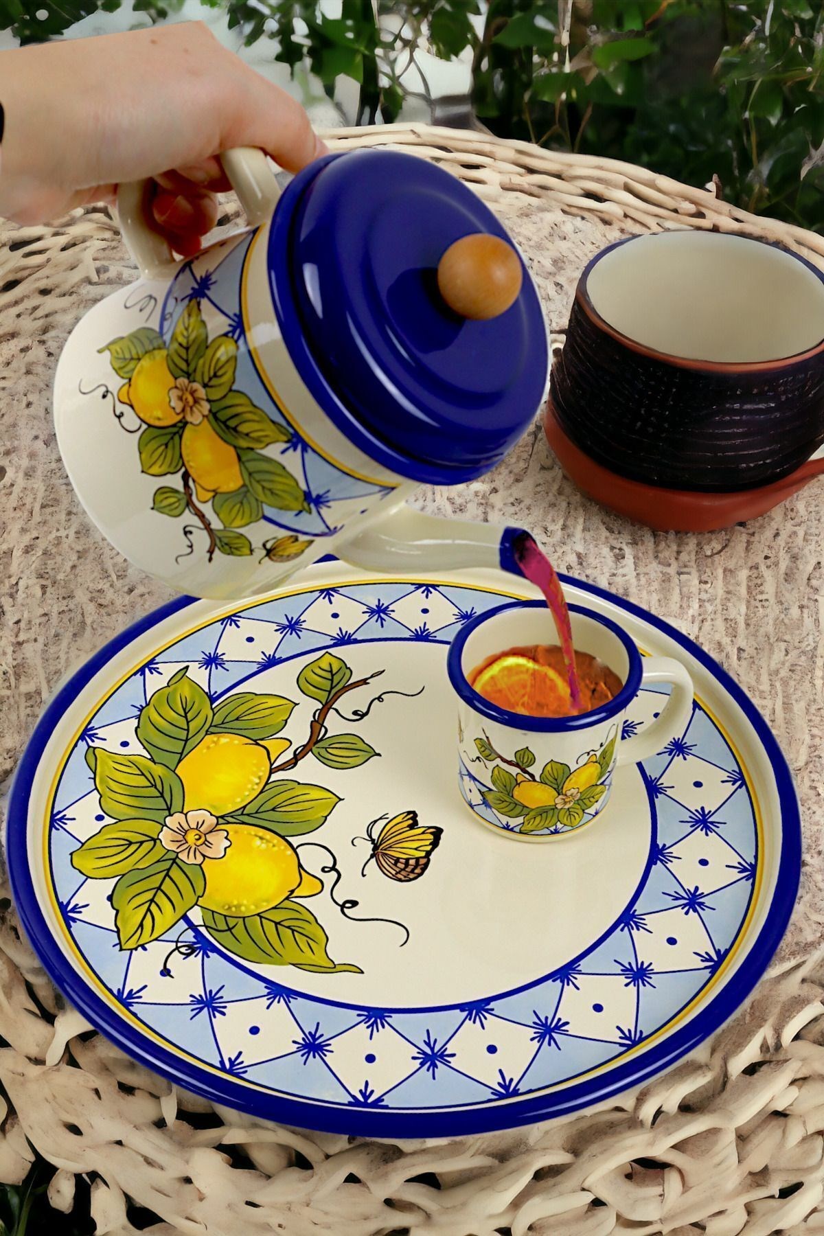 5 Parça Emaye Çay Takımı, Demlik,  Sunum, Tepsi, Sunum Tepsisi, Bitki Çayı Demliği, Çeyiz, Hediye
