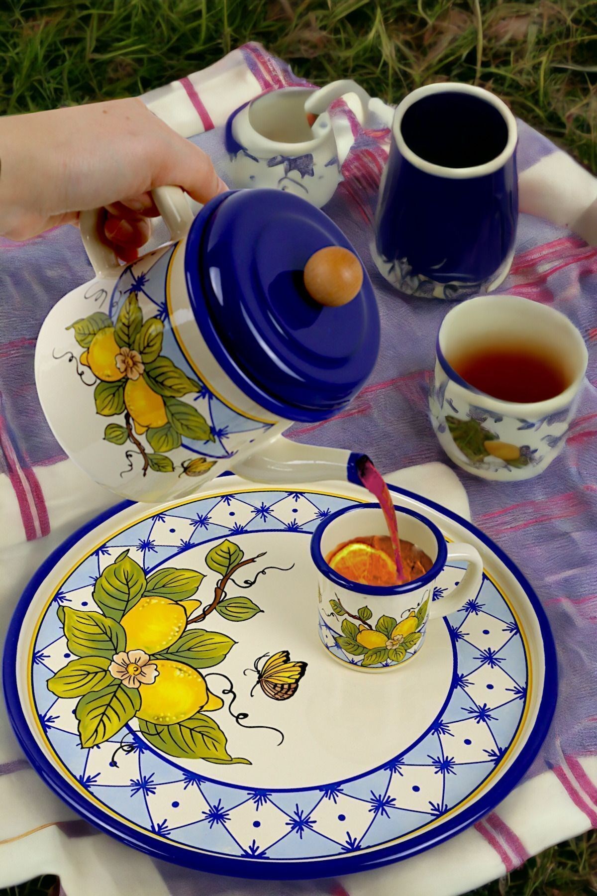5 Parça Emaye Çay Takımı, Demlik,  Sunum, Tepsi, Sunum Tepsisi, Bitki Çayı Demliği, Çeyiz, Hediye