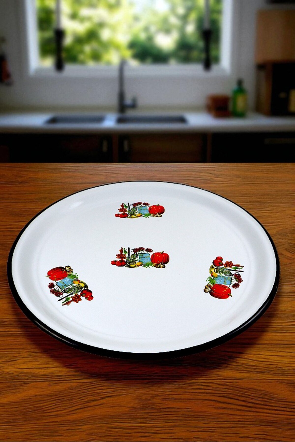 50 No Emaye Sini Sofra, Yemek Sunum Tepsi, Yer Sofrası Çinko ~48 Cm
