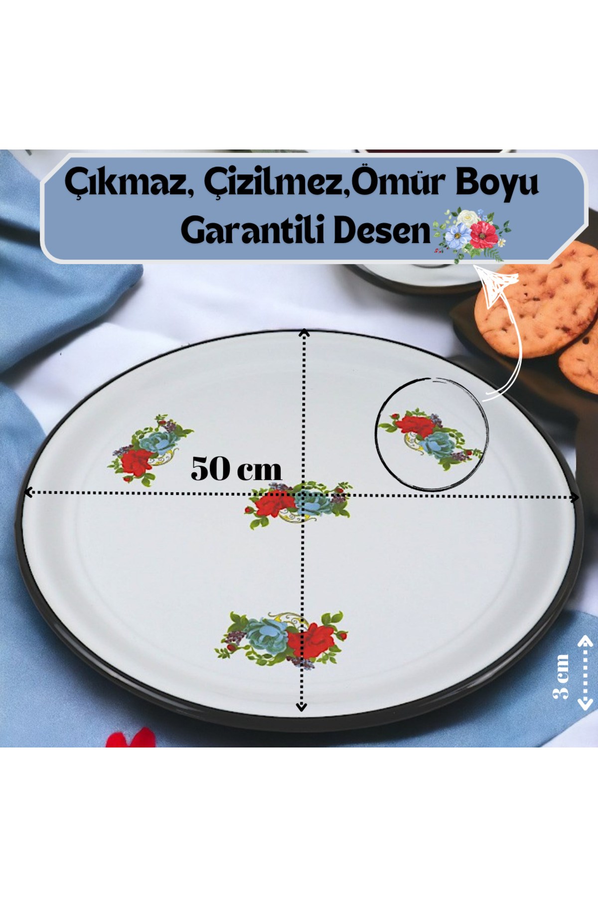50 No Emaye Sini Sofra, Yemek Sunum Tepsi, Yer Sofrası Çinko ~48 Cm